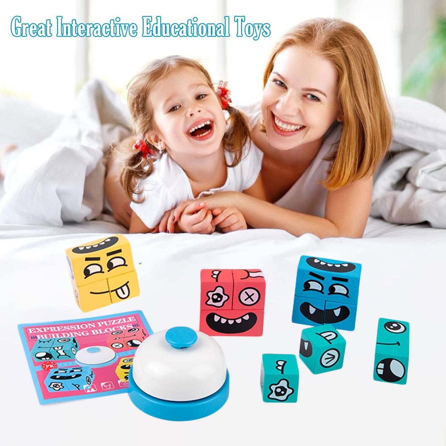 Wooden Face Changing Magic Cube Building Blocks Game Matching Expression Puzzle Toy Board Games for Family Night, Match Puzzles Geometric Educational Toys for Kids and Adults