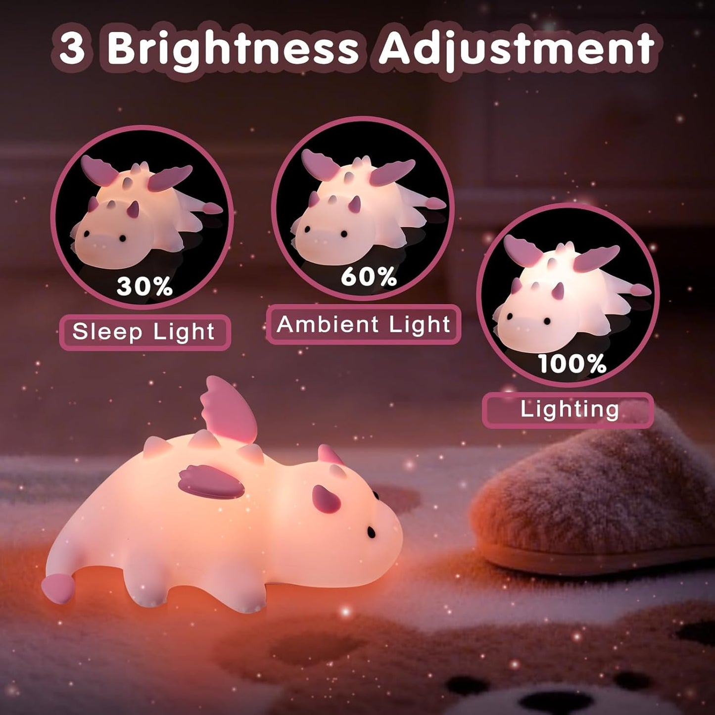 Cute Baby Dragon Kids Night Light for Kids,Cute Soft Silicone Lamp 3 Level Dimmable Changing Rechargeable Breastfeeding Nursery Portable Kawaii Lamps,Bedside Lamp for Baby and Toddler,Boy Girls(Pink)