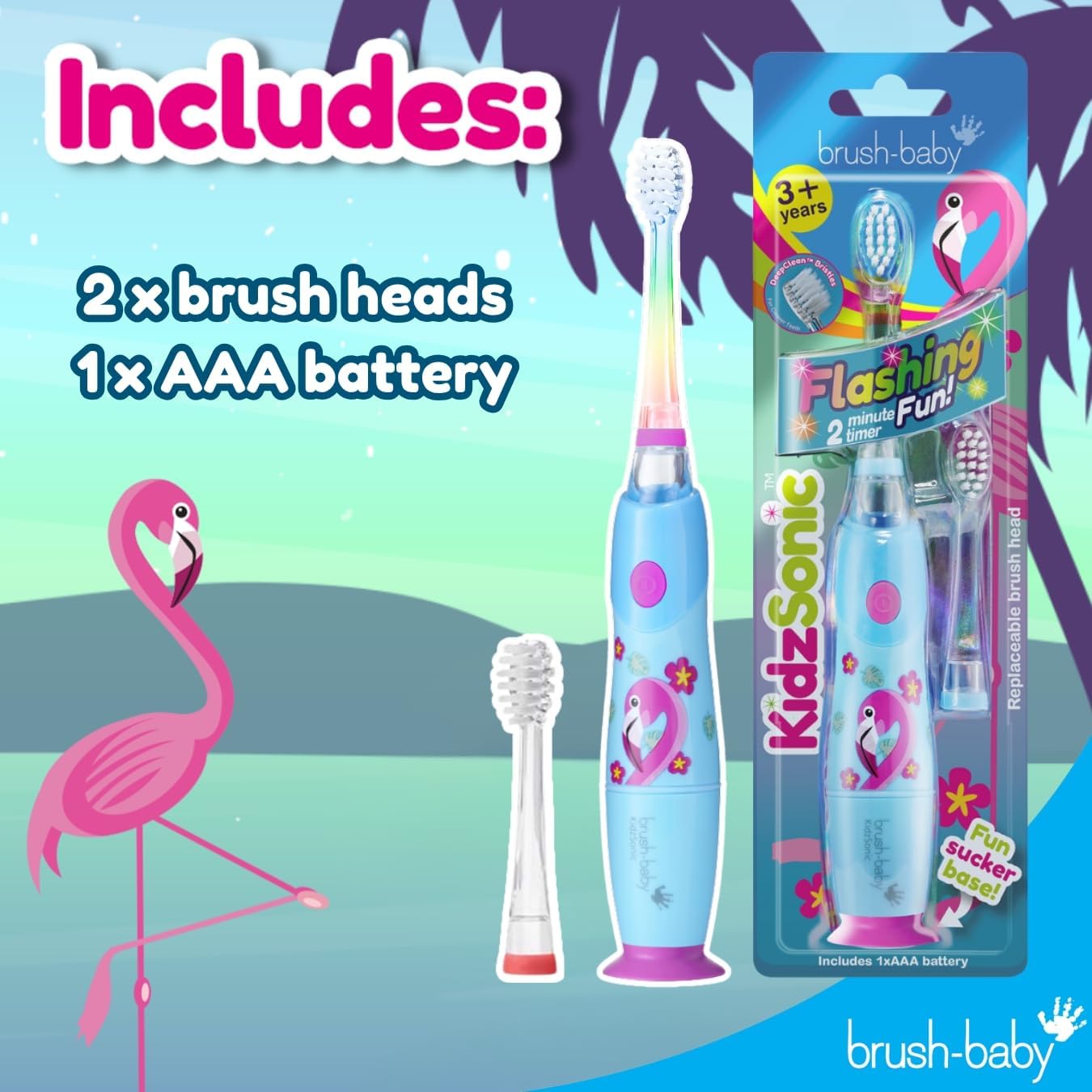 Brush‑Baby - KidzSonic Flamingo Kids Electric Toothbrush for Ages 3+ with Disco LED Lights, Gentle Sonic Vibrations, 2-Minute Smart Timer & 30‑Second Pulse Reminders – AAA Battery Included