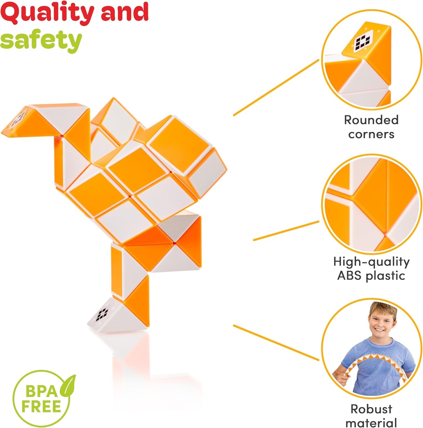 CUBIDI® Magic Snake Cube | Fidget Snake Toy for Kids | Travel Toys for Kids Ages 4-8 | Great Gift for Boys and Girls Birthday, Christmas, Stocking Stuffers - 36 Blocks | 0.9 inch x 0.7 inch | Orange