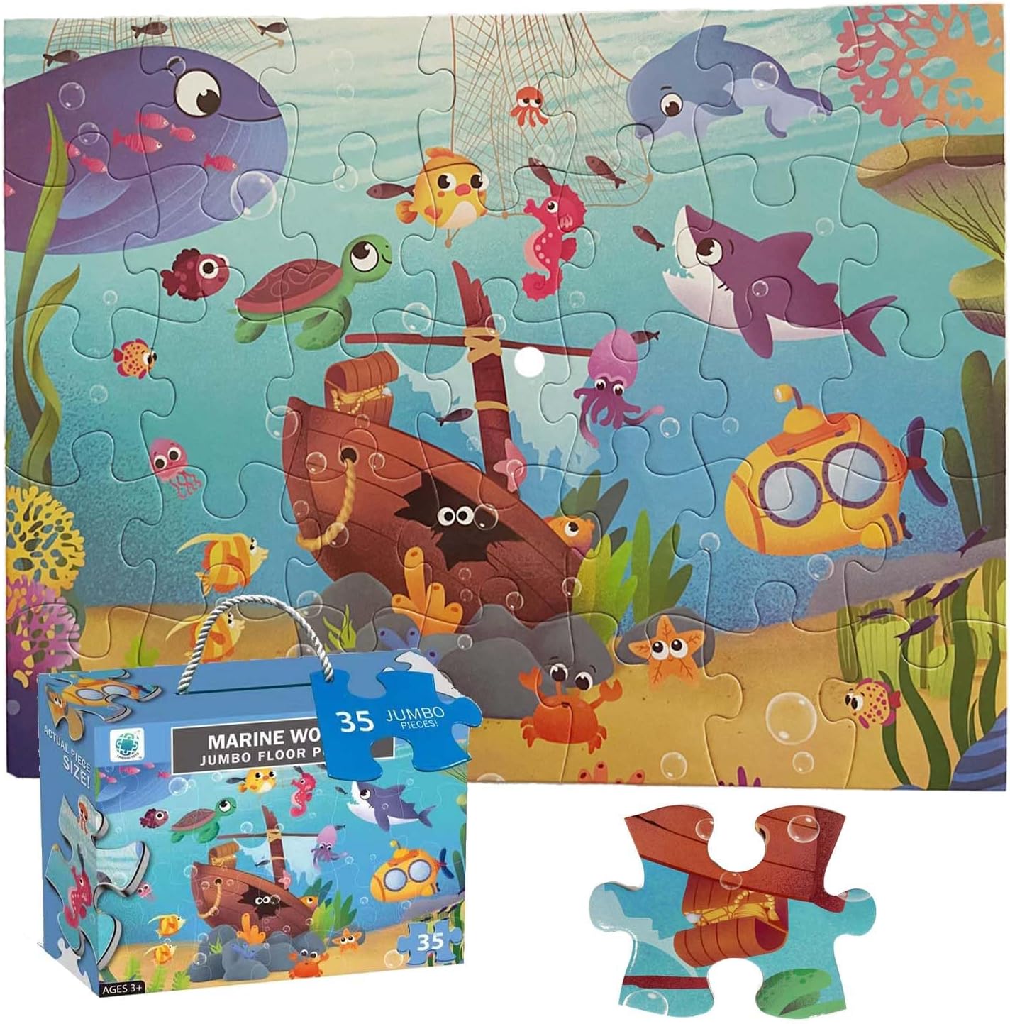 Jumbo Floor Puzzle for Kids, Large Jigsaw Puzzles 35 Piece for Kids Ages 3-5,Preschool Learning & Education Toys, Gifts for 4-8 Year Old Boys and Girls (Marine Animals 2)