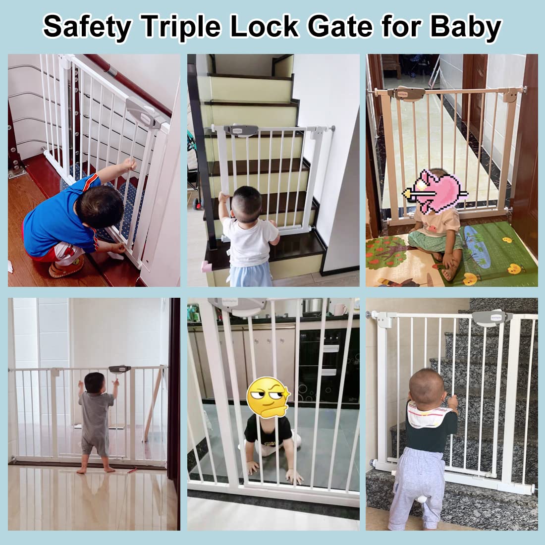 WAOWAO Triple Lock Baby Gate Extra Wide 76.77-81.49" Pressure Mounted Walk Through Swing Auto Close Safety Black Metal Dog Pet Puppy Cat for Stairs,Doorways,Kitchen