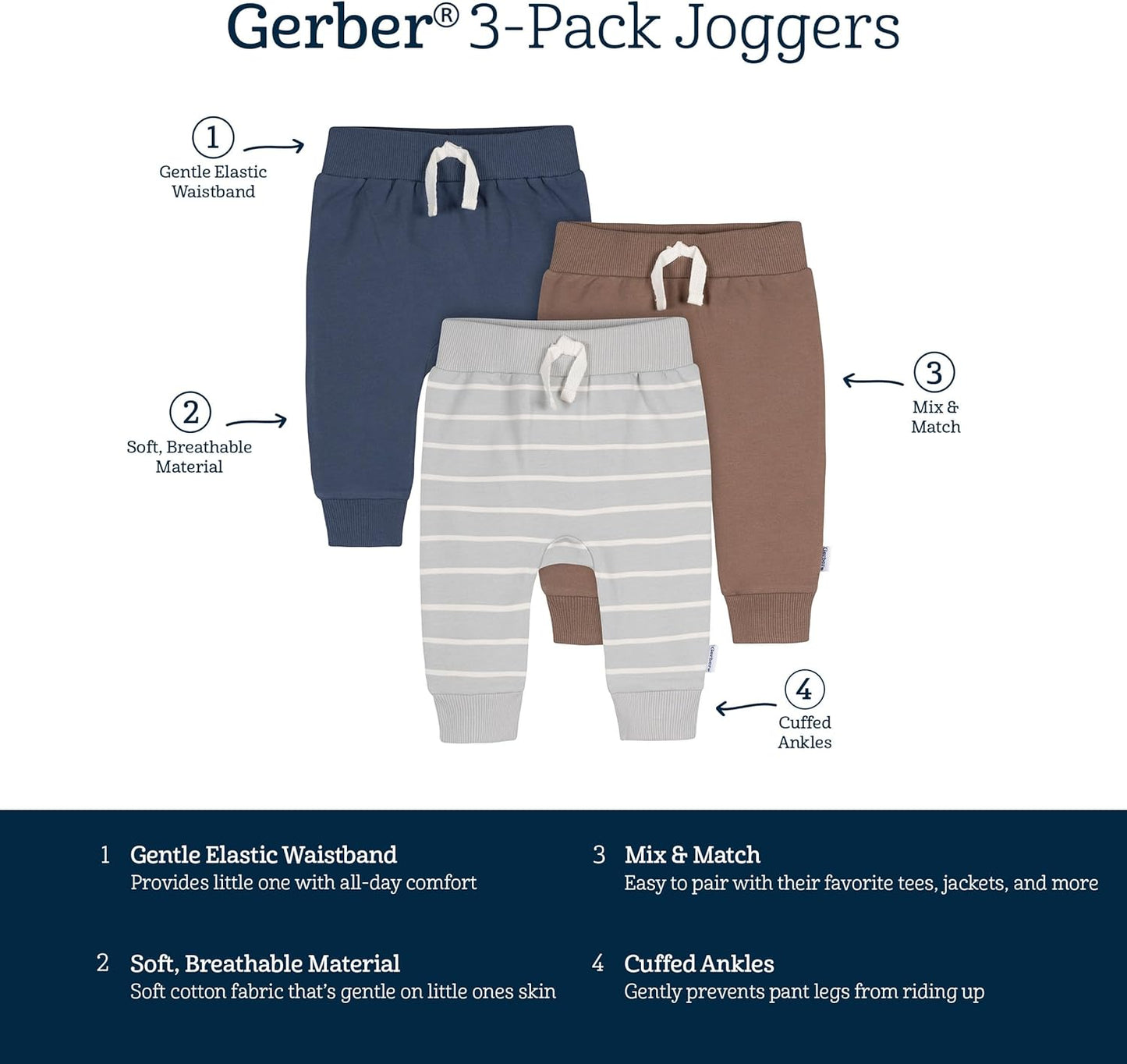 Gerber Baby Boys' Toddler 3-Pack Jogger Pants