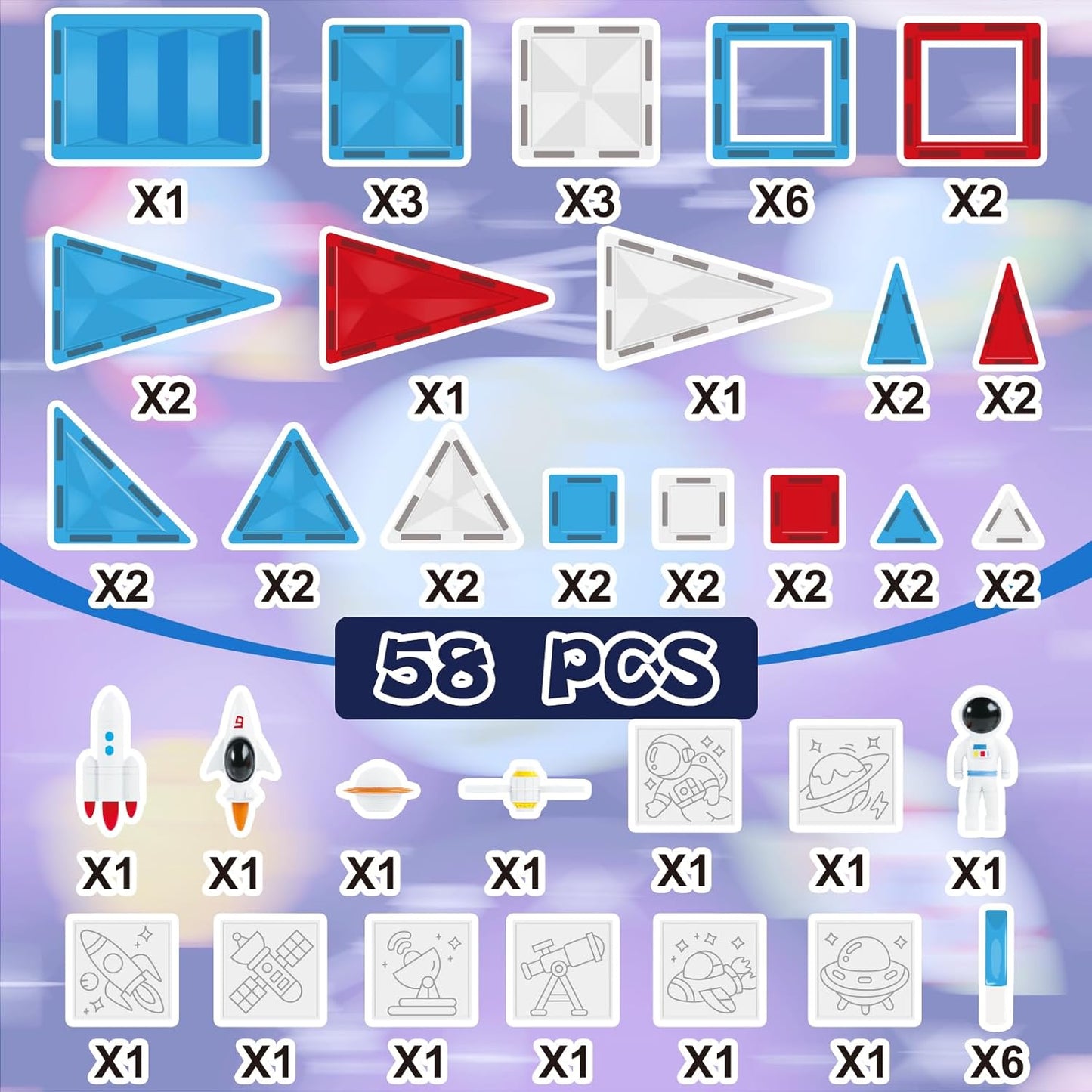 Magnetic Tiles - 58 Pcs Space Magnets Building Blocks Set - Sensory Travel Toys for Toddler - STEM Construction Playboards Stacking Toy - DIY Window Art - Birthday Gifts for Boy, Girl, Kids Ages 3-12