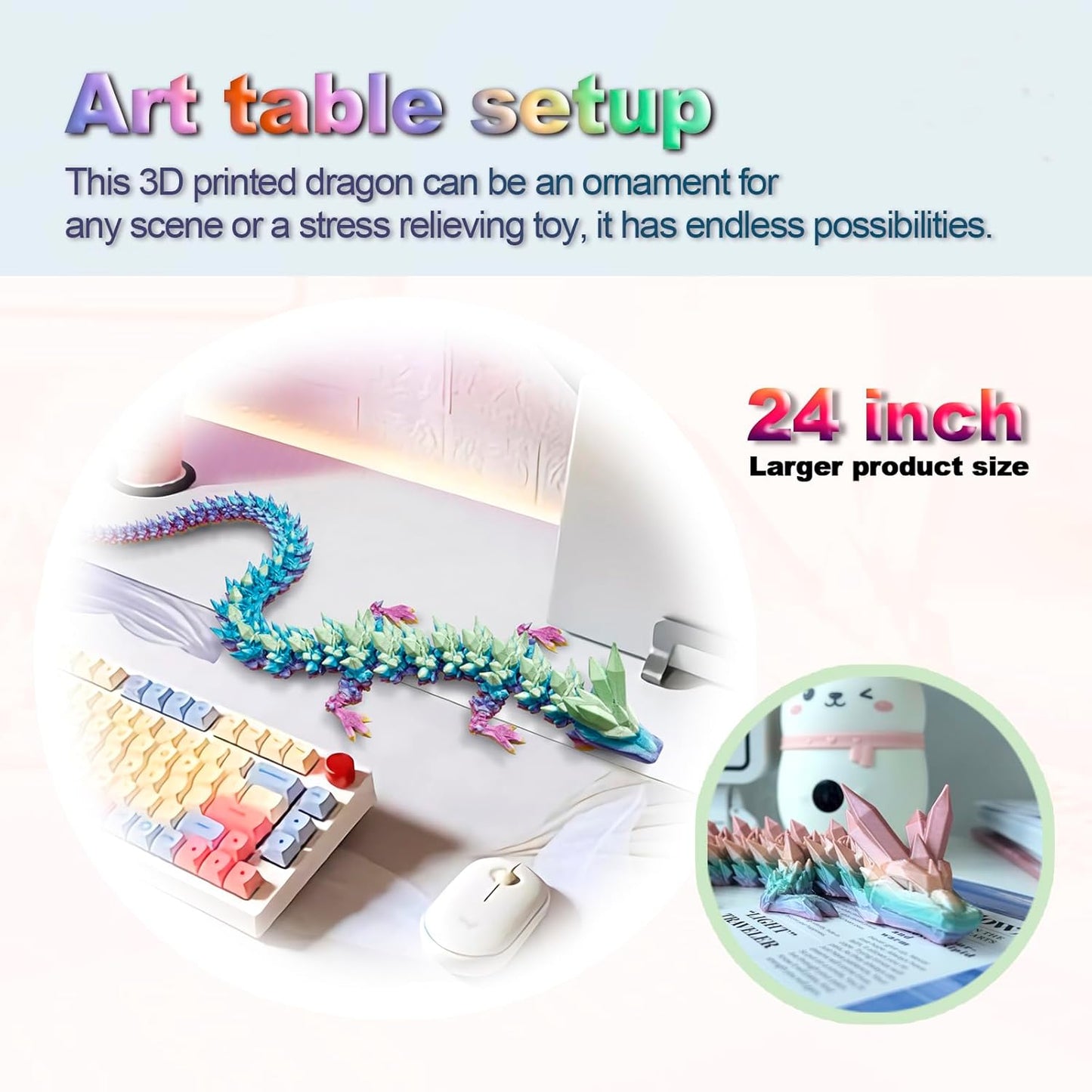 Large 24" 3D Printed Dragon,Articulated Crystal Dragon,3D Dragon Toy,Dragon Collection, Executive Desk Decor (Blue-Green-Purple