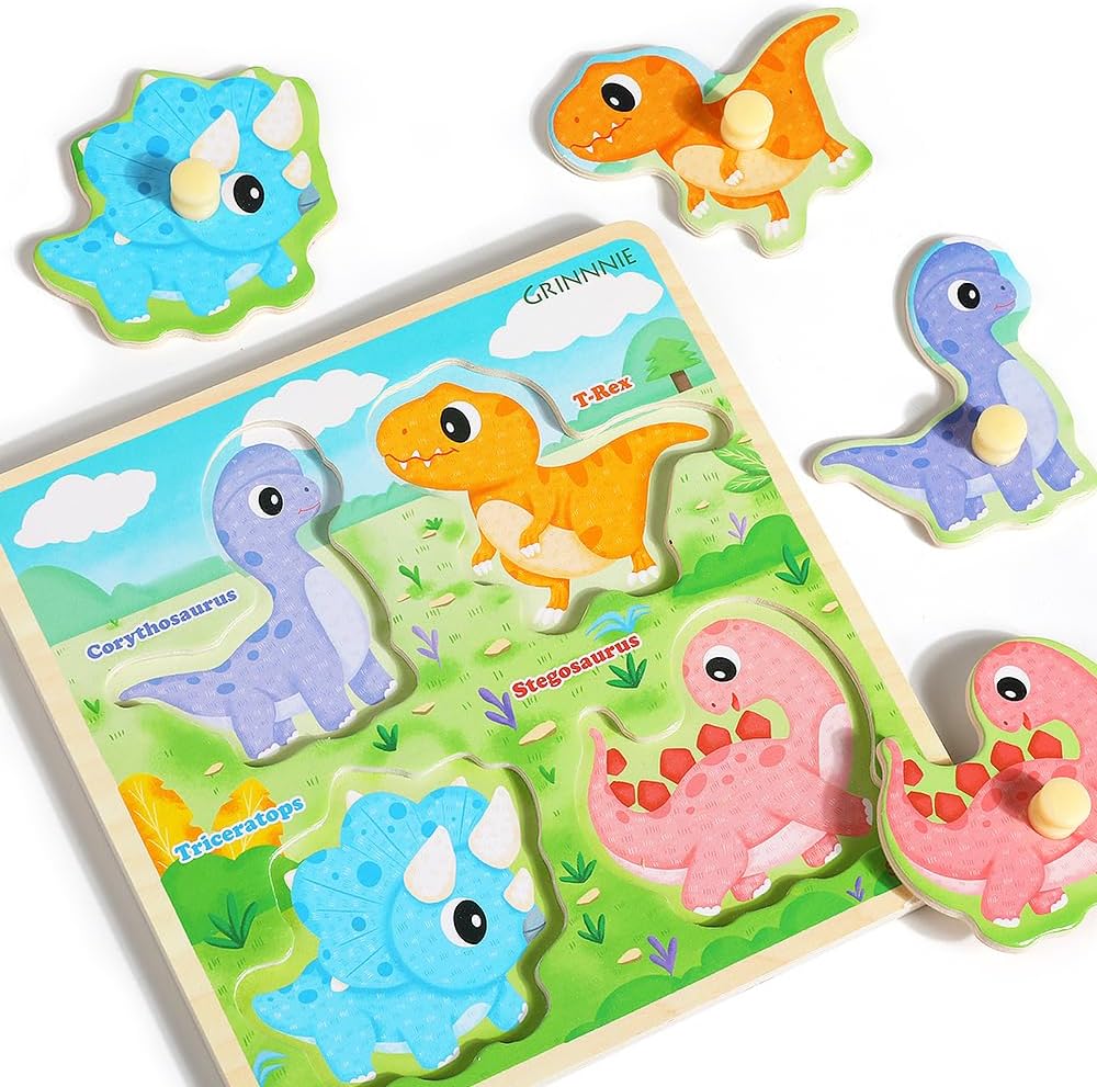 GRINNNIE Wooden Toddler Puzzles, 1 2 3 Years Old Learning Montessori Peg Puzzle Toy Set for Toddlers, 4 Pcs Educational Portable Size Travel Knob Puzzle Toys, Gift for 1-3 Boy Girl Birthday Christmas