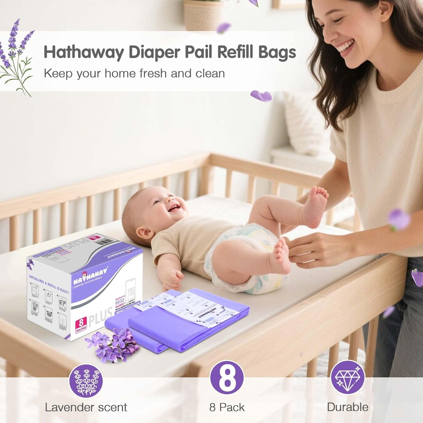 Diaper Pail Refill Bags Compatible With Dekor Plus Diaper Pail, Extra 30% Length, Lavender Scent, 8 Pack