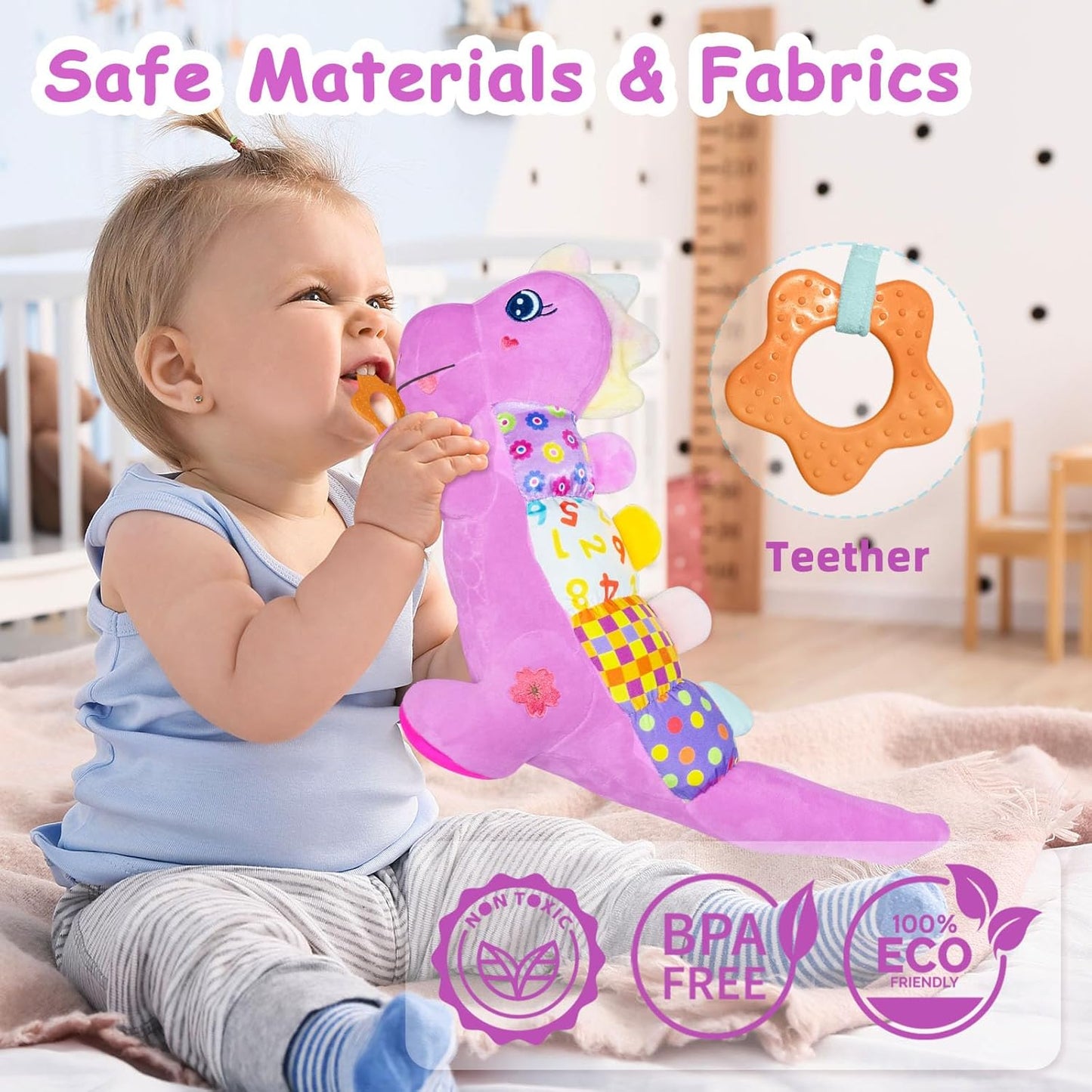 Baby Dino Plush Soft Stuffed Animal Toy for 0-3-6-12+ Months,Infant Musical Toy with Rattle,Squeaker,Sensory Crinkle,Teether & Textures,Toys for Christmas Baby Gift for Newborn Girl Boy (Purple)