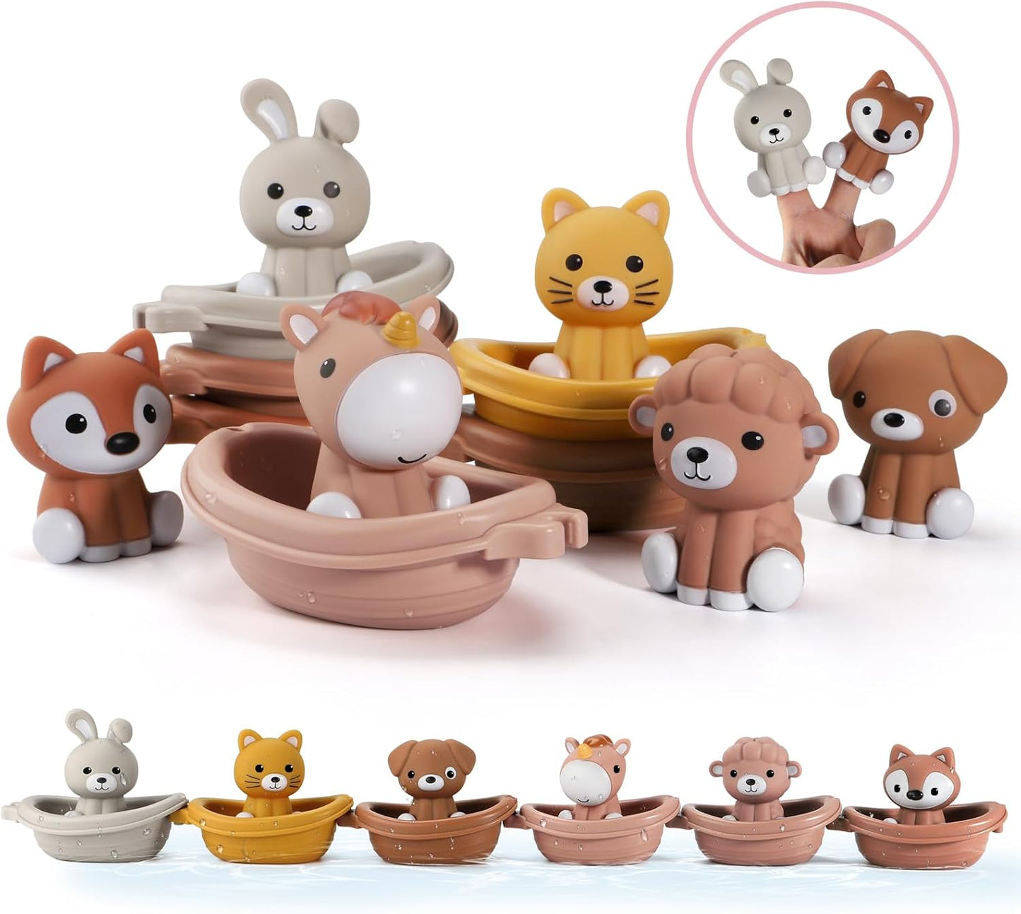 Nueplay Bathtub Toys for Toddlers 18M+,Baby Bath Toys with Animal Finger Puppets, Stackable Boat Train ,Gift for Baby & Toddlers Set of 12