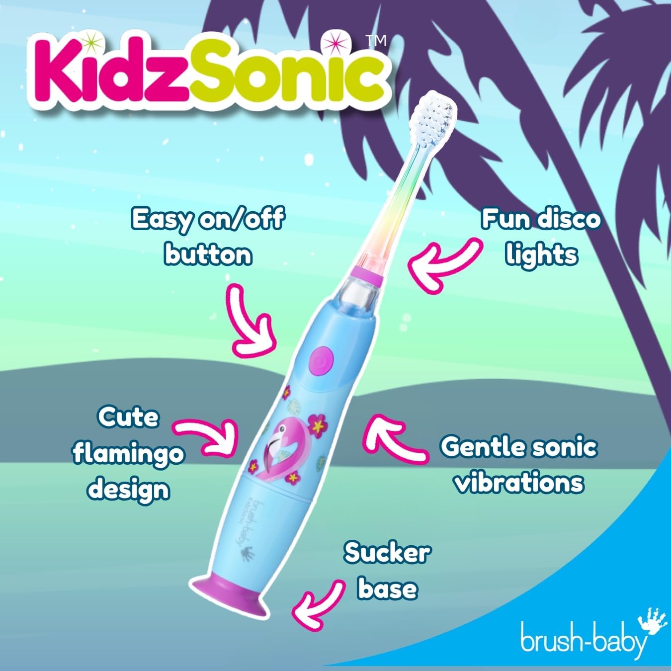 Brush‑Baby - KidzSonic Flamingo Kids Electric Toothbrush for Ages 3+ with Disco LED Lights, Gentle Sonic Vibrations, 2-Minute Smart Timer & 30‑Second Pulse Reminders – AAA Battery Included