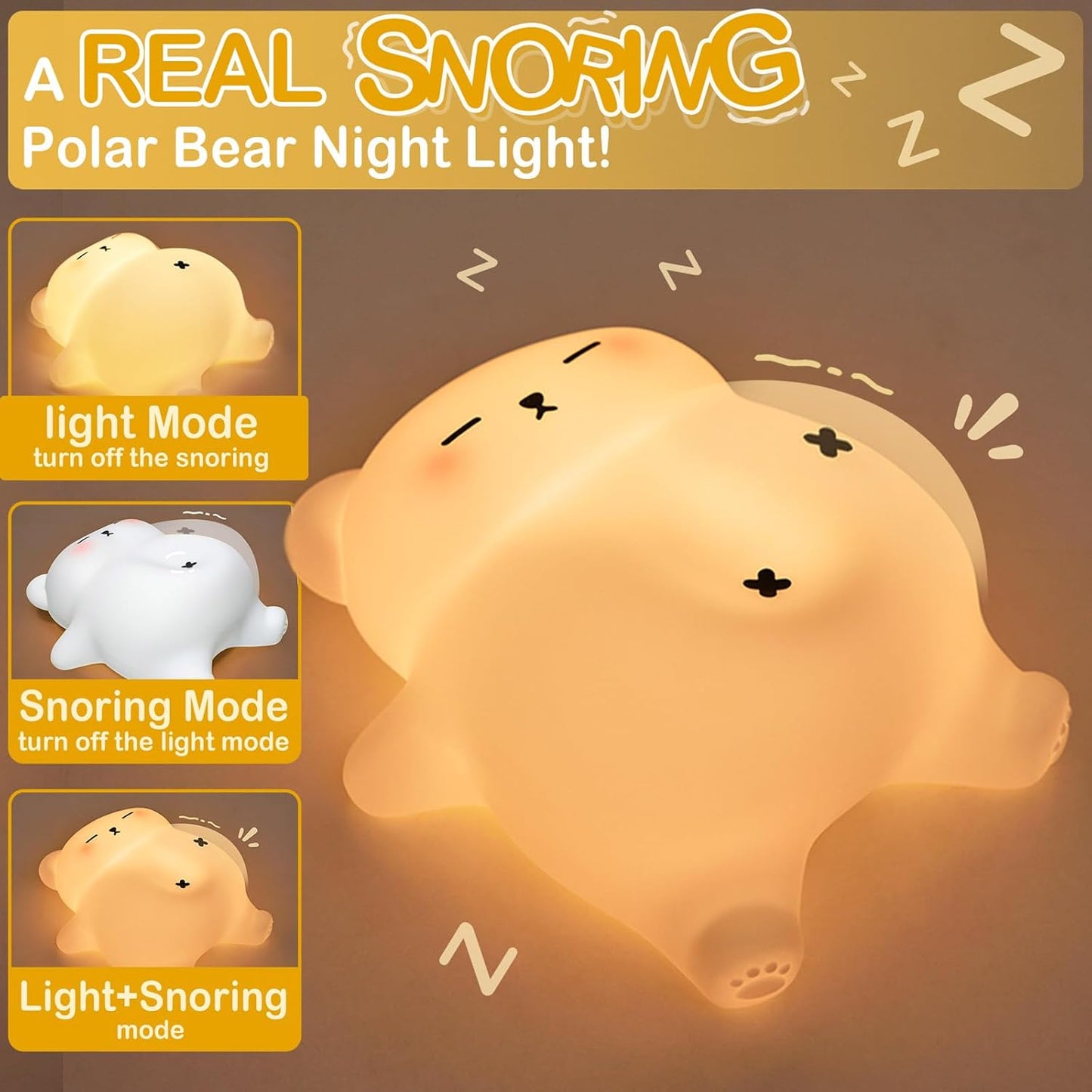 Snoring White Bear Night Light, Rechargeable Squishy Lamp - Silicone Nursery LED Animal Dimmanble Touch Nightlight - Bedroom Cute Funny Birthday Christmas Gifts for Kids, Boy, Girls