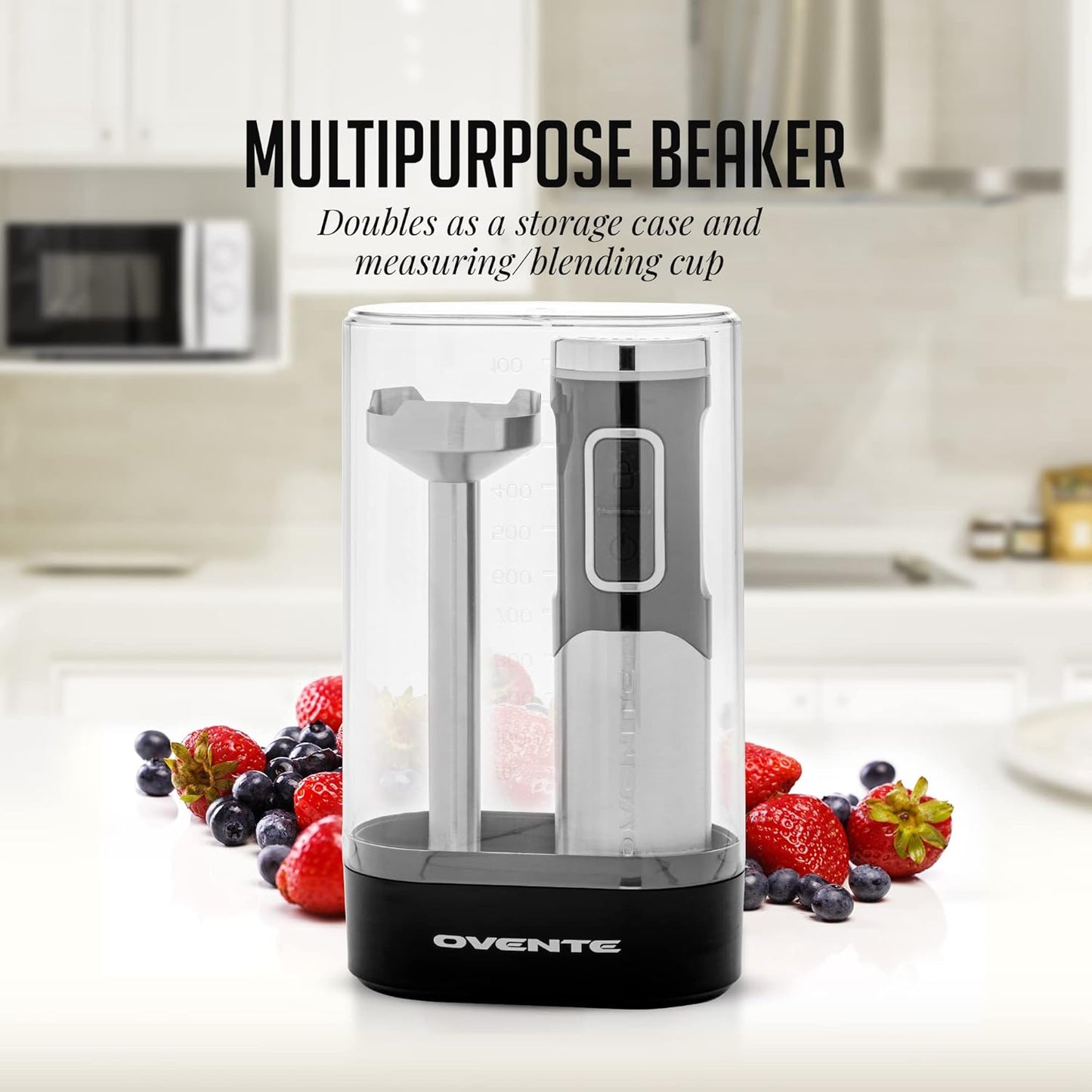 OVENTE Cordless Immersion Hand Blender, Rechargeable Handheld Portable Stick Mixer with 8 Mixing Speed Option, One-Touch Control and Stainless Steel Blades for Smoothies, Shakes or Soups, Black HR981B