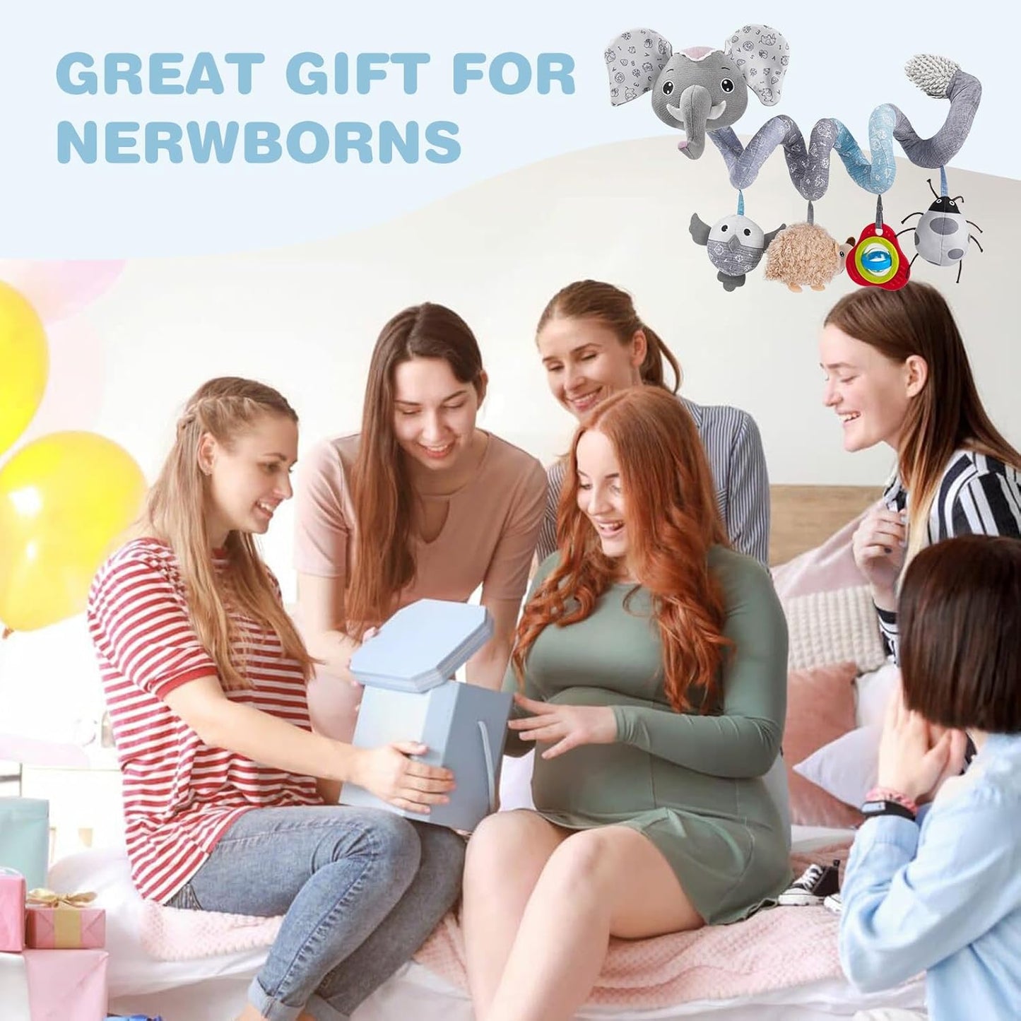 Jollybaby Baby Car Seat Stroller Toys, Plush Activity Hanging Spiral Activity Pram Crib with Music Box, Rattles, Squeaker for Babies Infant Boys Girls (SZ Gray Elephant)