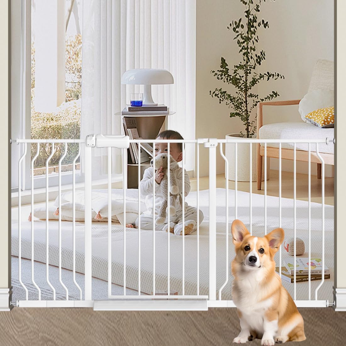 TSAYAWA Extra Wide Baby Gate with Door,33.8-38.5 Inch Walk Through Large Long Child Gates for Stair Doorway - Indoor Outdoor Safty Gate for Toddler Pet Dog Doggie White