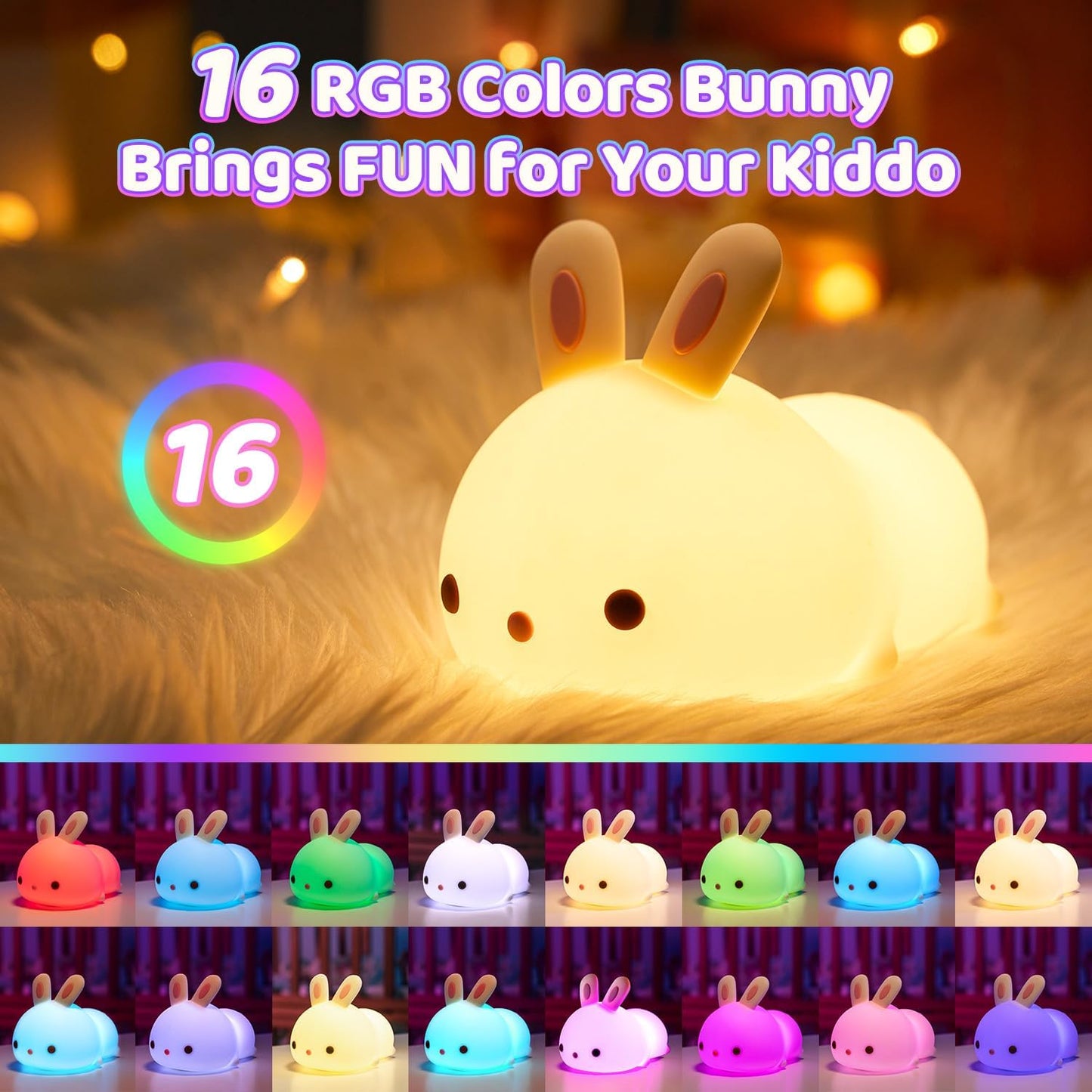 Bunny Night Light for Kids Lamp Cute Lamp, Kawaii 16 Colors Baby Night Lights for Baby Nursery,Soft Rechargeable Nightlight for Kids Room,Toddler Room Decor Kawaii Stuff Bunny Accessories Girls Gifts
