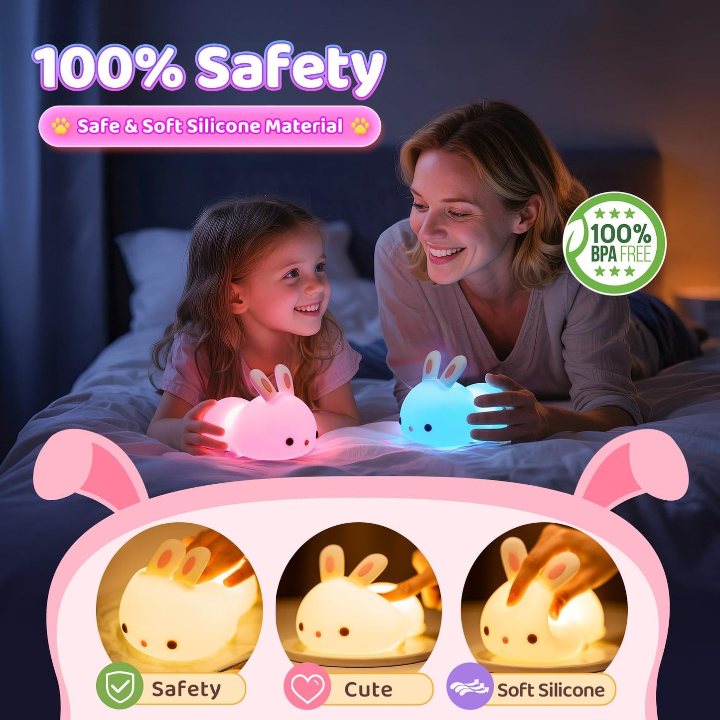Bunny Night Light for Kids Lamp Cute Lamp, Kawaii 16 Colors Baby Night Lights for Baby Nursery,Soft Rechargeable Nightlight for Kids Room,Toddler Room Decor Kawaii Stuff Bunny Accessories Girls Gifts