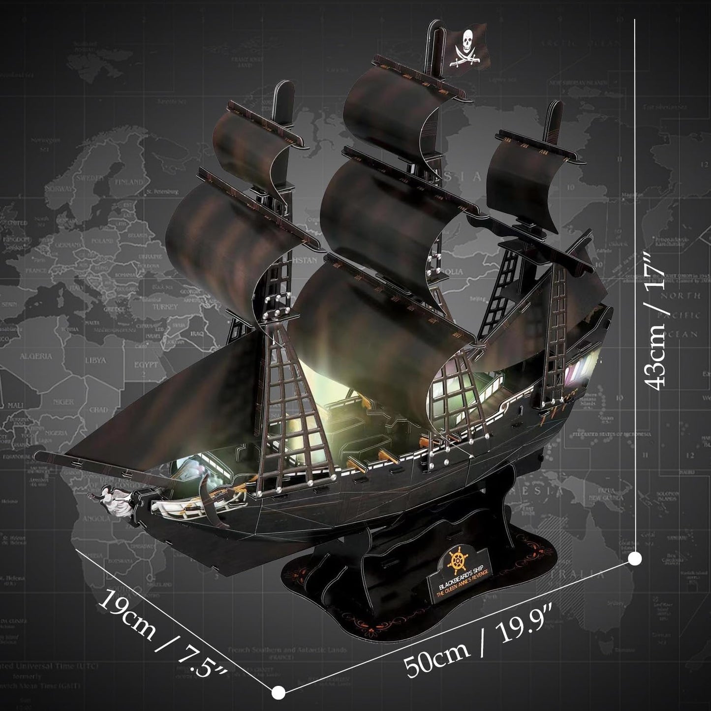 Queen Anne’s Revenge 3D Puzzle Kit, Large 111 Pieces Nautical LED Model Ship Building Kit, Retro Style Pirate Ship Desk Decor Birthday Gift for Adults Men and Teens