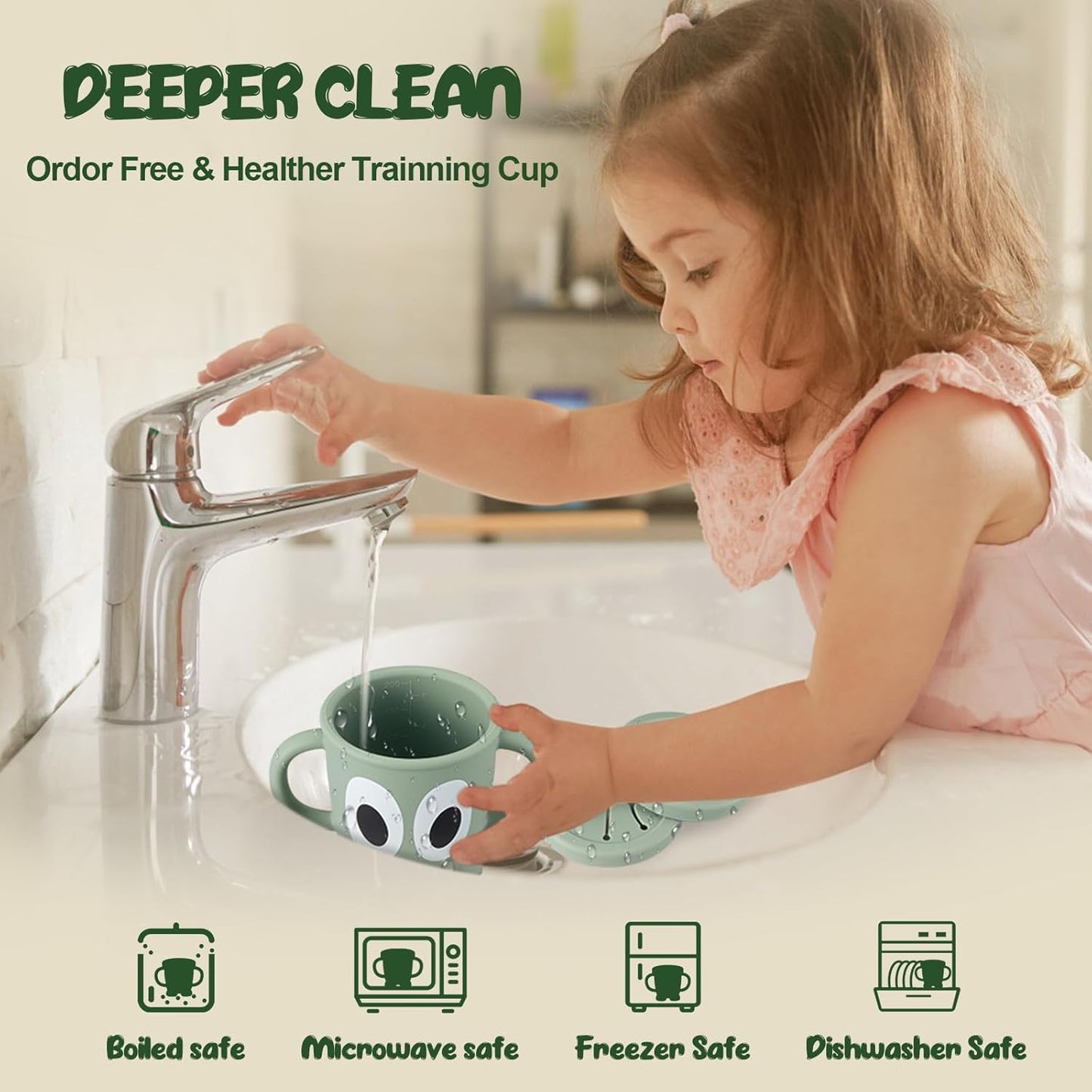 Silicone Snack Cups Food Container for Toddlers and Babies, Spill Proof Training Cup with Snack Cup Lid & Dust Proof Lid, Comes with a toy strap, Without BPA, Lead, or Phthalates (Ether&Beige)