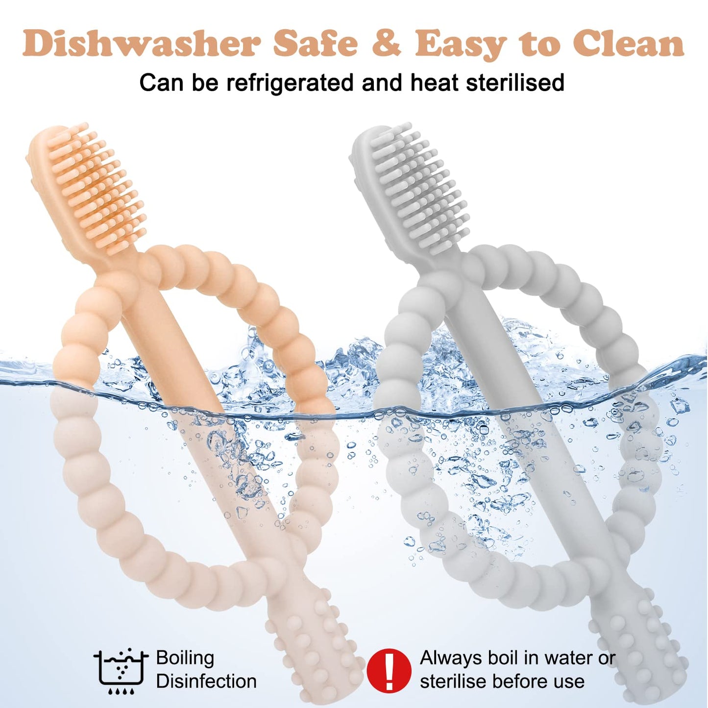 Baby Teething Toys with Easy-Hold Handle, Silicone Infant Toothbrush, Textured On Both Sides Helps Massage, Soothe Sore Gums, Teething Toys for Babies 0-6 Months, 6-12 Months Peach Powder & Gray