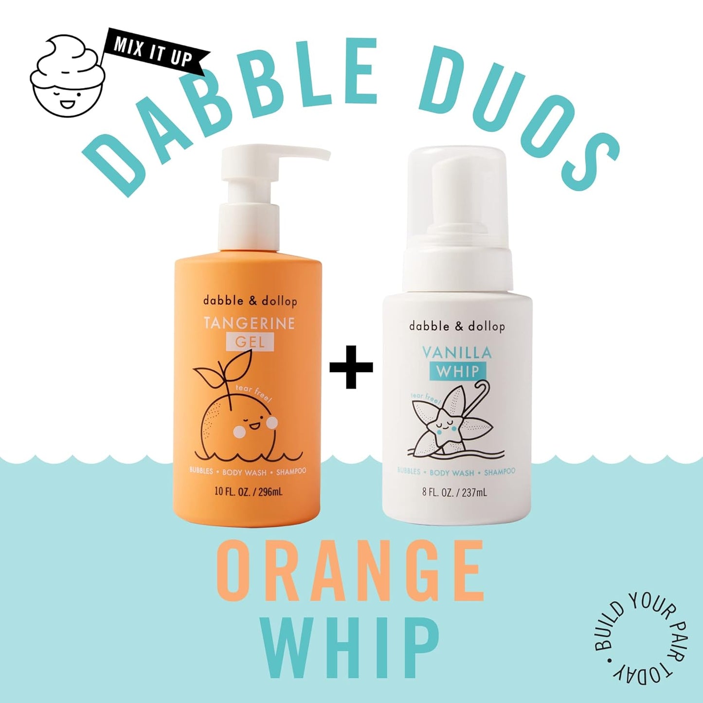 Dabble & Dollop Tangerine + Vanilla Body Wash & Shampoo – 3-in-1 Natural Bubble Bath for Kids, Made in USA, No Parabens or Sulfates, Vegan, Gluten-Free, Tear-Free (2-Pack)