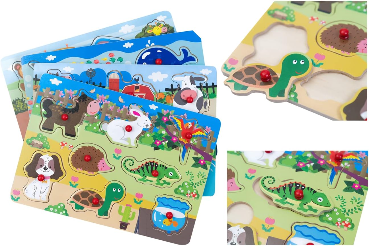 Peg Puzzle Set of 4 (32 pcs), Wooden Knob Puzzles for Toddlers Ages 1-3, Farm Zoo,Forest Animals, Pets, Sea Ocean Animals, Preschool Educational Cognitive Gifts