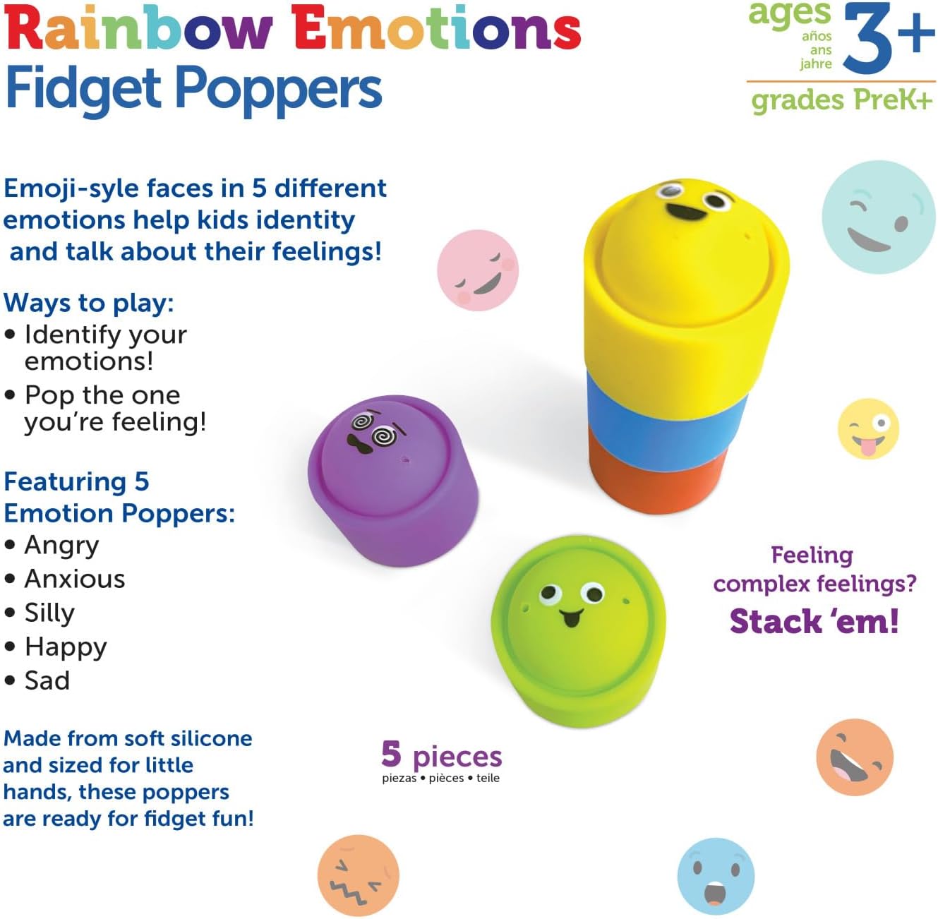 Learning Resources Rainbow Emotion Fidget Poppers, 5 Pieces, Ages 3+, Sensory Toys, Social-Emotional Learning,Sensory Toys for Toddlers,SEL Skills,fine Motor Skills
