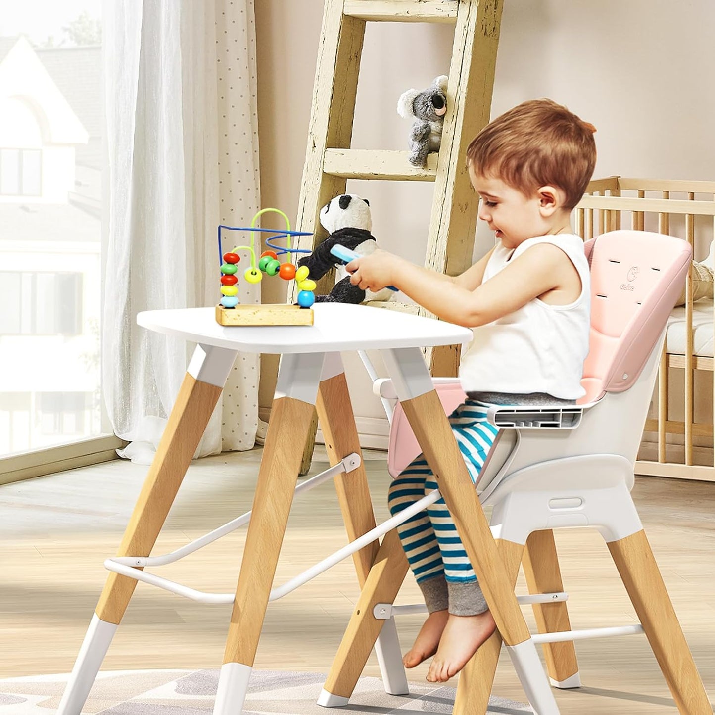 8 in 1 Highchair, Convertible Wooden Baby High Chair with Tray, Adjustable High Chair for Babies and Toddlers, Easy to Clean, Grow with Family|Booster|Learning Table|High Stool