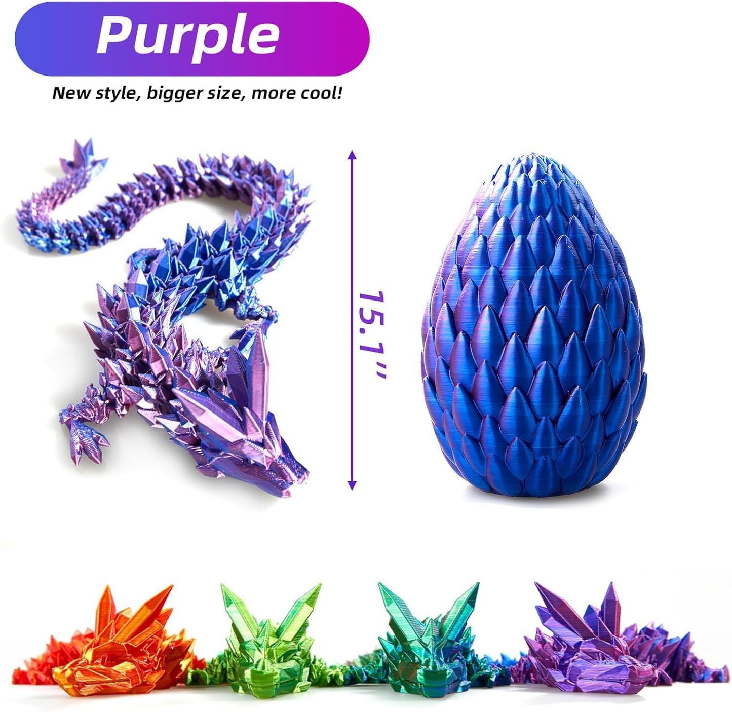 12inch 3D Printed Dragon Egg,Mystery Crystal Dragon Fidget Toys,Articulated Dragon,Home Desk Decor Easter Surprise Dinosaur Eggs,Adults Fidget Toys for Autism/ADHD (Laser Purple)