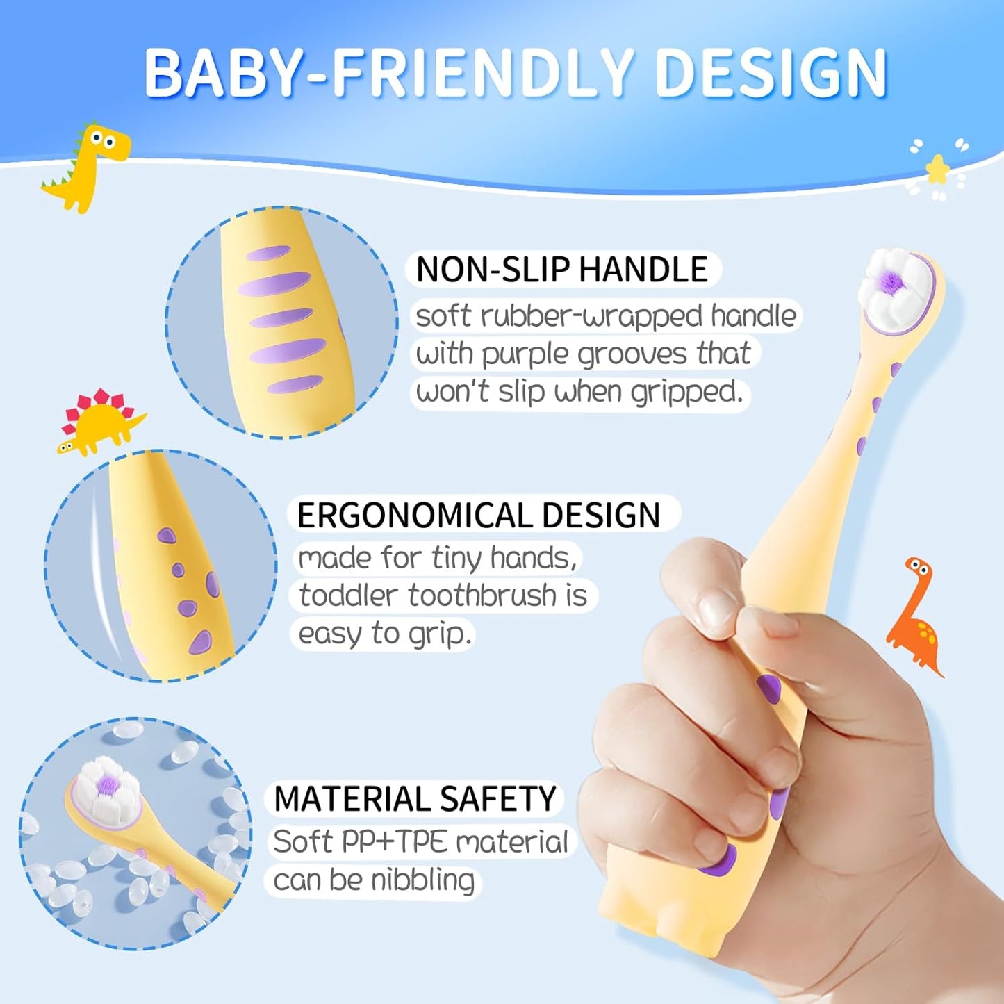 Toothbrush for Toddlers 1-3,Infant to Toddler Training Tooth Brush,Extra Soft Baby Toothbrushes Cleans Baby Sensitive Teeth Non-Slip Grip, Cute Dinosaur Kids Toothbrush for Boys Girls 2 Pack