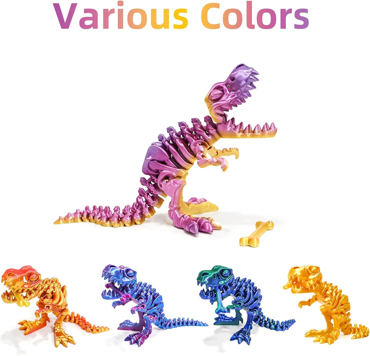 Flavery 3D Printed Dinosaur with Bones - 10 inch 3D Printed Dragon Fidget Toys, Flexible T-Rex Skeleton with Bones, Birthday Gift, Desk Executive Toy- (Rainbow)