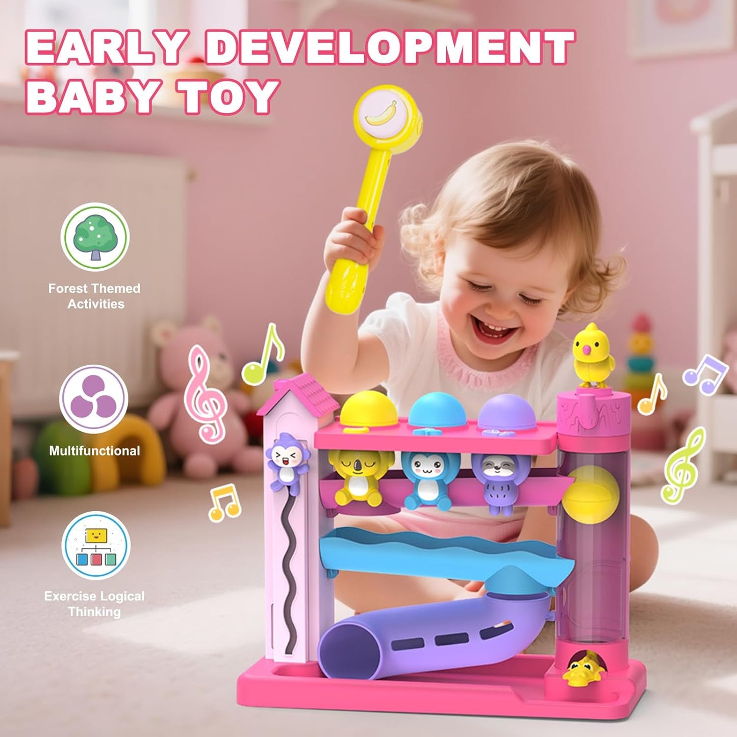 Toddler Musical Toys for 1+ Years Old Girls,Fine Motor Skills Developmental Baby Toy 12-18-24+ Months,Bilingual Toddler Learning Ball Drop Toy,Infant Birthday Gifts Toys for 1 2 Year Old Girl(Pink)