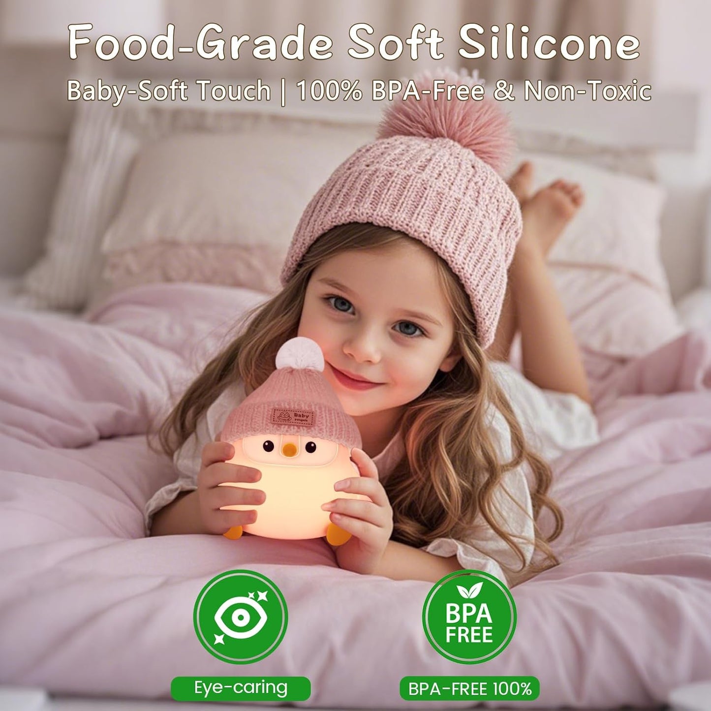Penguin Silicone Night Light, Cute Pink Penguin Lamp with Knitted Hat, Soft Nursery Nightlight, USB Rechargeable/Dimmable,LED Squishy Novelty Animal Bedside Lamp,Funny Gifts for Kids/Girls