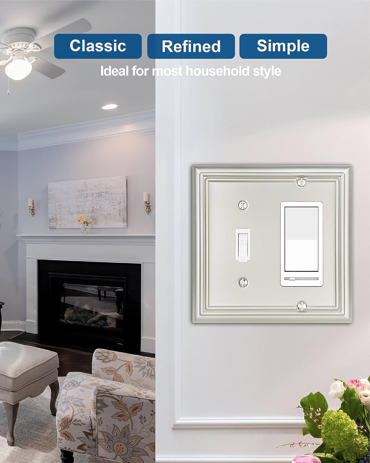 1-Pack Combination Toggle/Decorator Wall Plate, Metal Wall Plate Cover for Light Switch, Receptacle, Dimmer Switch, Satin Nickel, 2-gang, Midsize