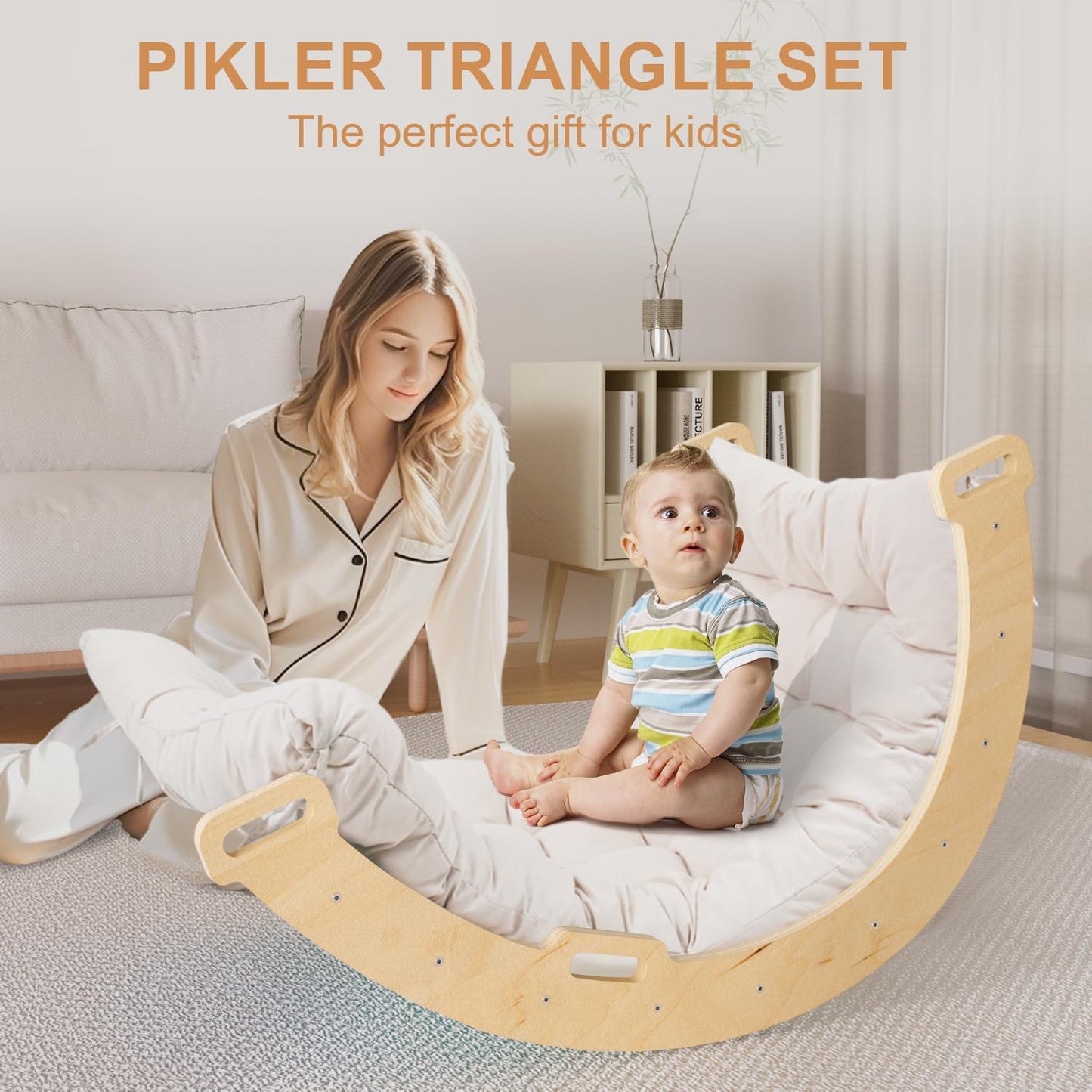 Pikler Triangle Set with Cushion, Montessori Climbing Set, Indoor Climb Toys, Indoor Playground Jungle Gyms, 9 Combinations Climbing Toy Set for Toddler, Baby, Kids 1-4