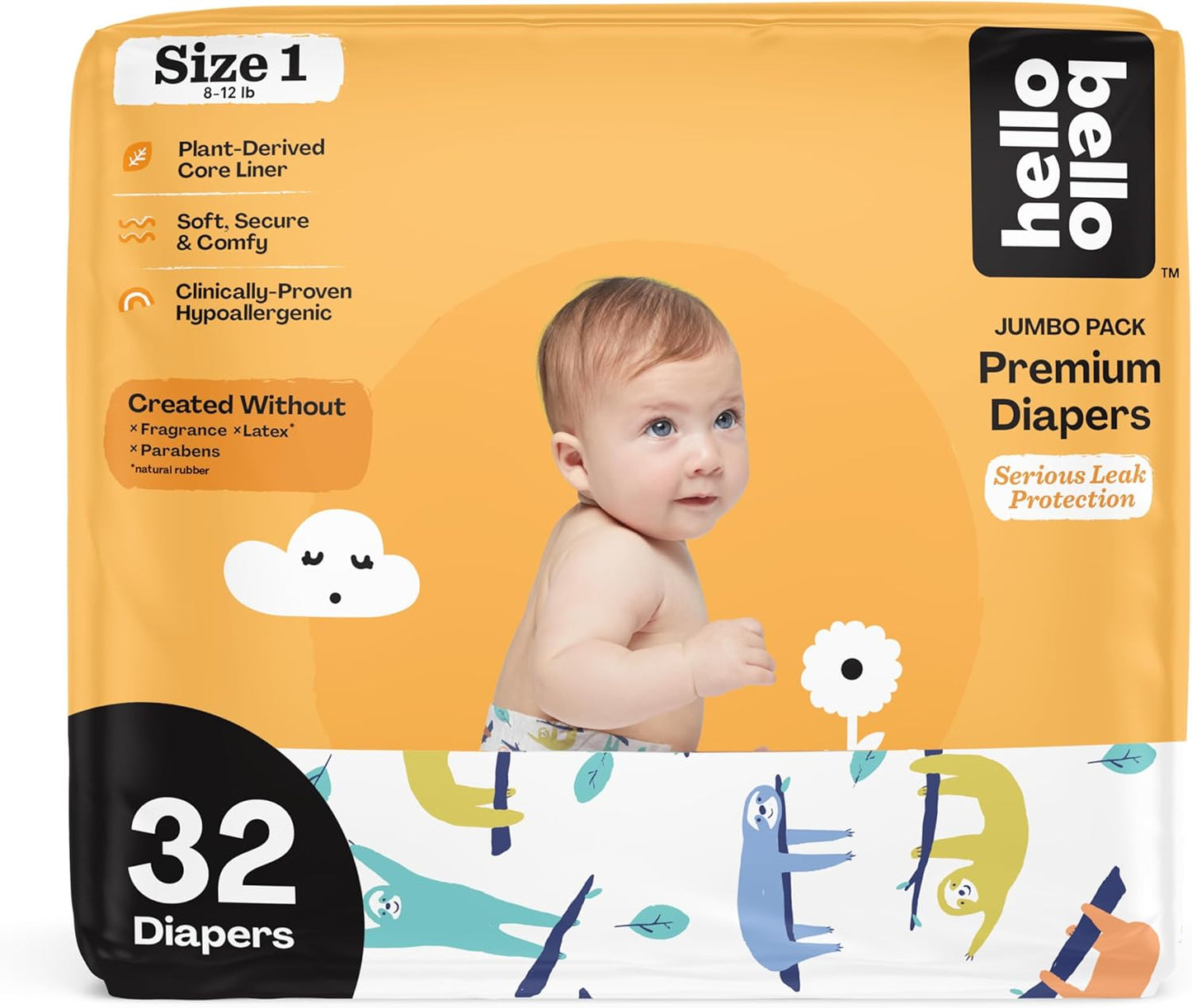 Hello Bello Premium Baby Diapers Size 1, 32 Count of Disposable, Extra-Absorbent, Hypoallergenic Baby Diapers with Snug and Comfort Fit, Sleepy Sloth