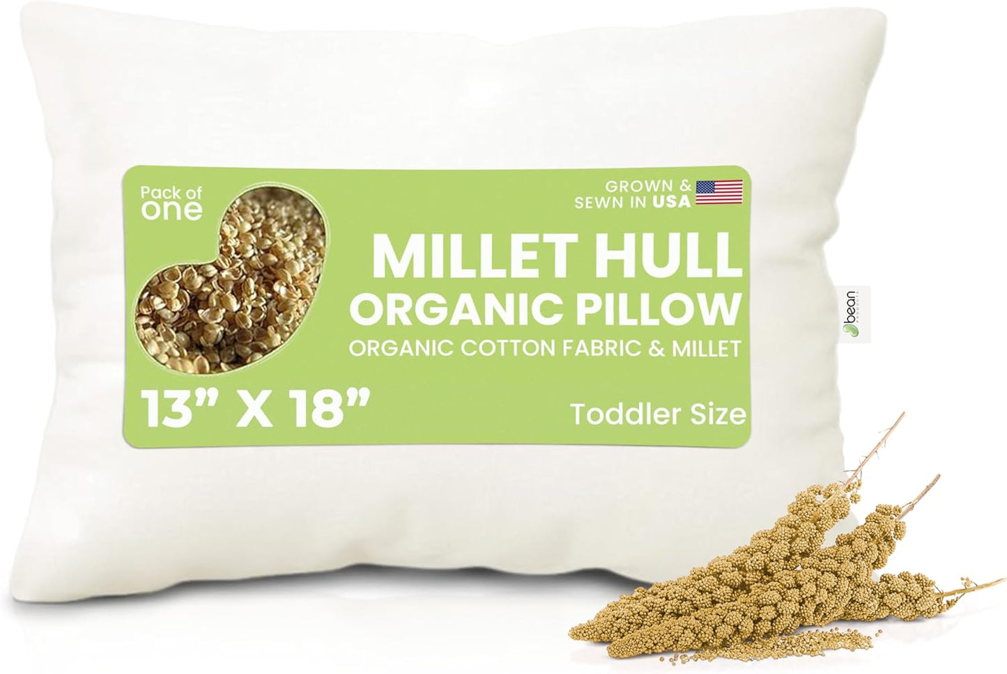 Bean Products Travel Bed Pillow for Sleeping β Organic Millet Fill with Organic Cotton Fabric, Soft Toddler Head Pillow β Eco-Friendly, Breathable, and Durable Sleep Aid, Made in The USA, 13" x 18"