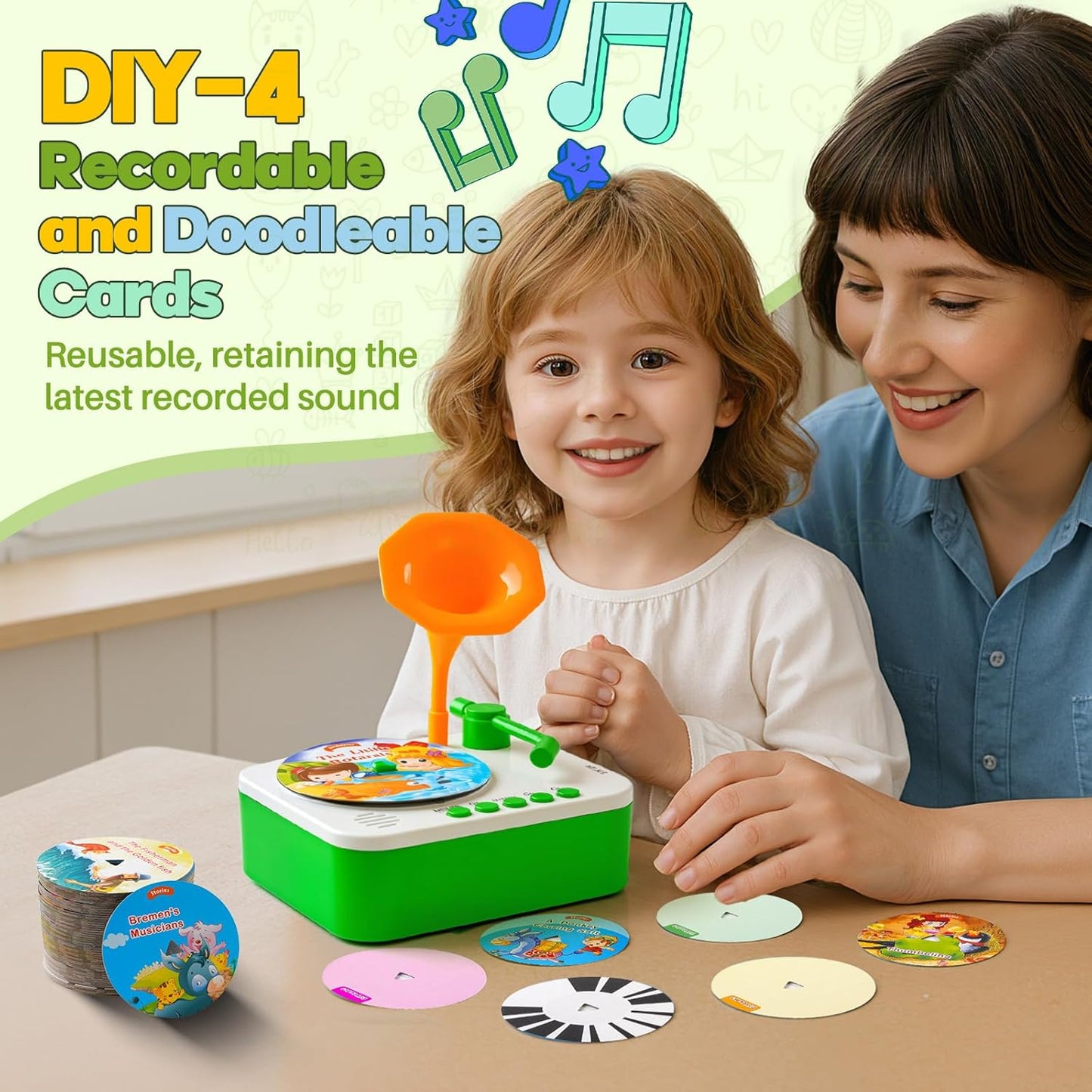 Kids Phonograph Toddler Record Player, with 96 Learning Cards, Early Education Machine Record Player Music Box Storyteller pop Speakers, Gift for Boys and Girls