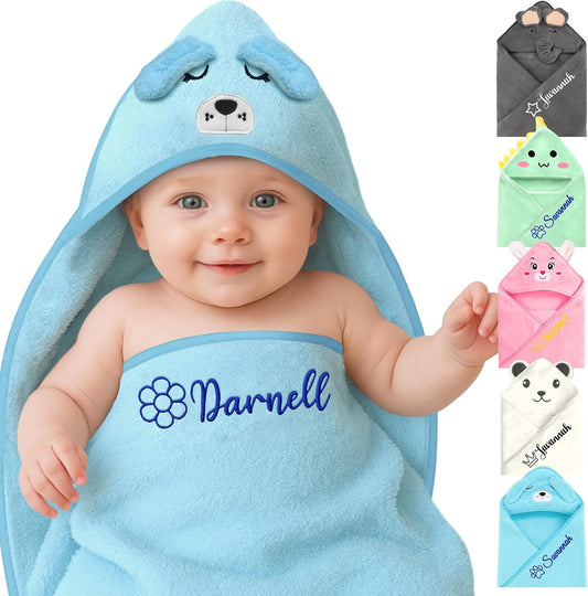 Personalized Baby Towels Hooded with Name, Custom Toddler Bath Towel with Hood for Girl Boy, Warm Swaddle Blanket, Customized Newborn Gifts - Embroidered (Blue Puppy)