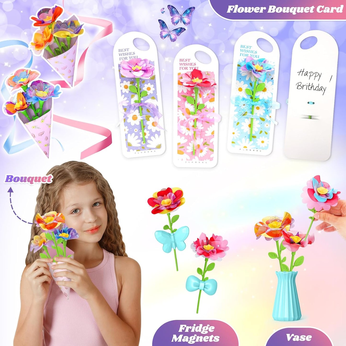 KLAPTOR Arts and Crafts for Kids Ages 4-6: Toys for Ages 5 6 7 8 9 – Birthday Gifts & Craft Set for Girl Age 3-9 - DIY 30+ Flower Bloom Maker with Music Light Base Vase Fridge Magnets Cards
