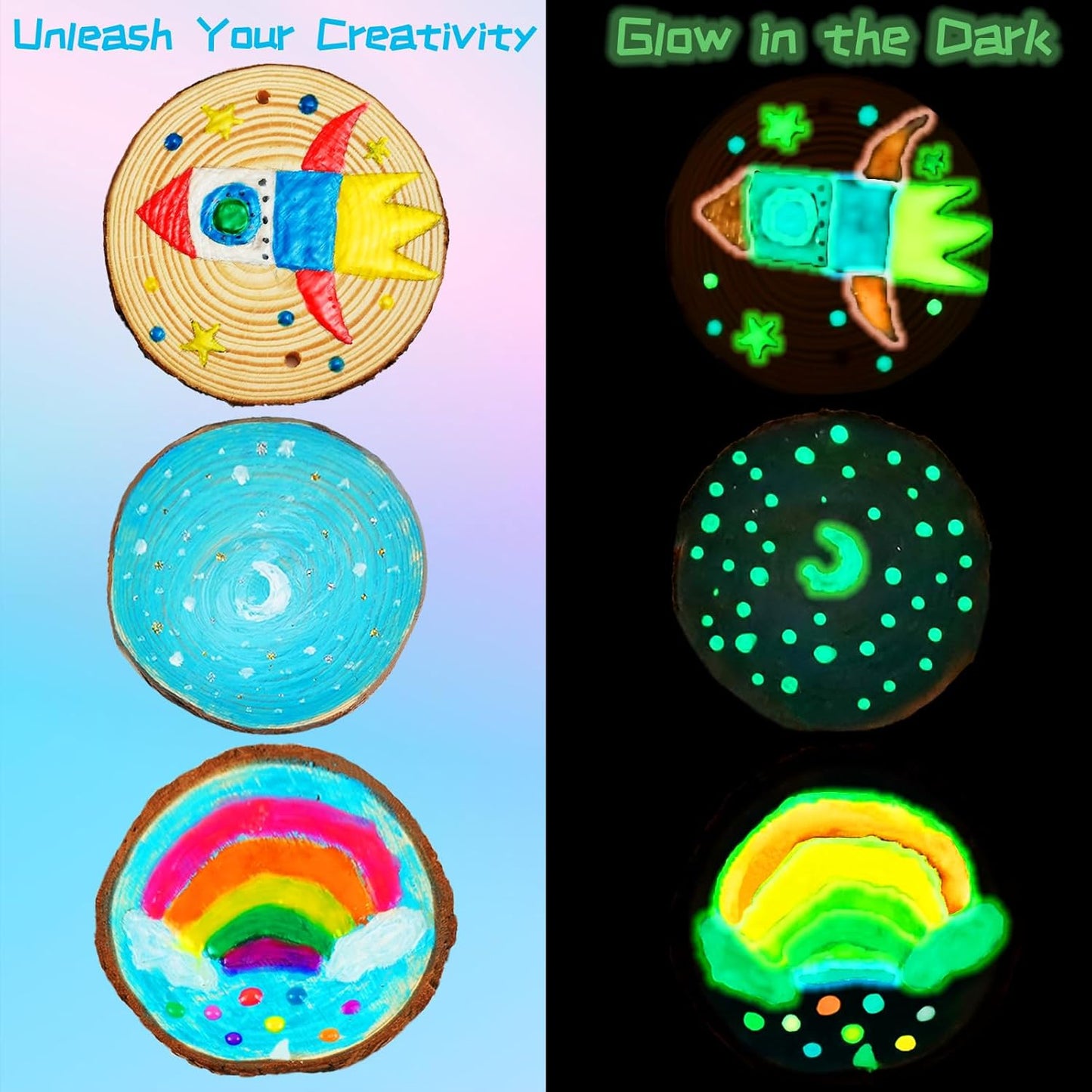 KIRKOTOY Wooden Crafts Kit for Kids-Glow in The Dark-Arts & Crafts Gifts for Boys Girls Age 6-12, 24 Wood Slices with Painting Craft Activities Kits, Creative Art Toys for 6 7 8 9 10 11 12 Year Old