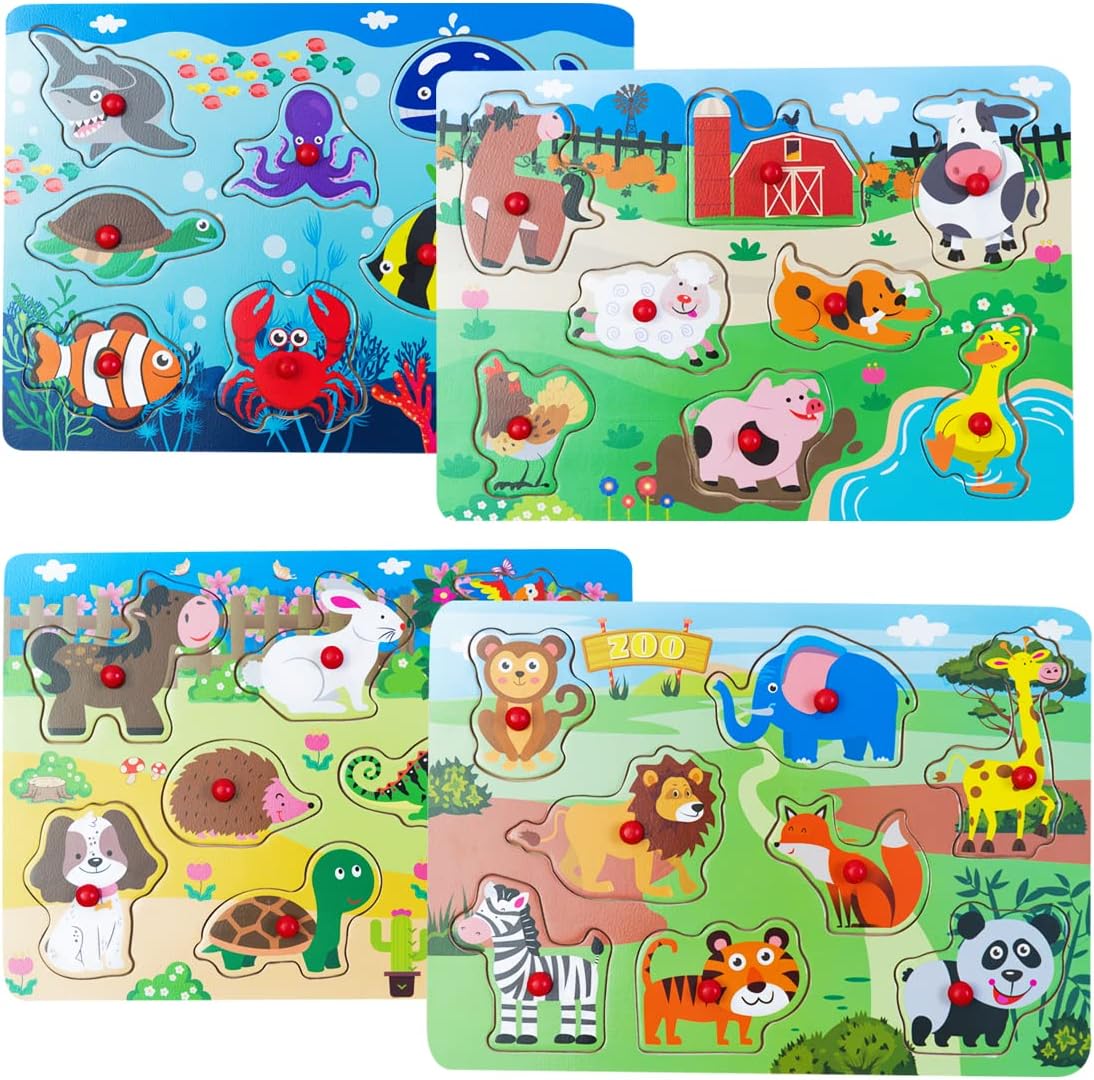 Peg Puzzle Set of 4 (32 pcs), Wooden Knob Puzzles for Toddlers Ages 1-3, Farm Zoo,Forest Animals, Pets, Sea Ocean Animals, Preschool Educational Cognitive Gifts