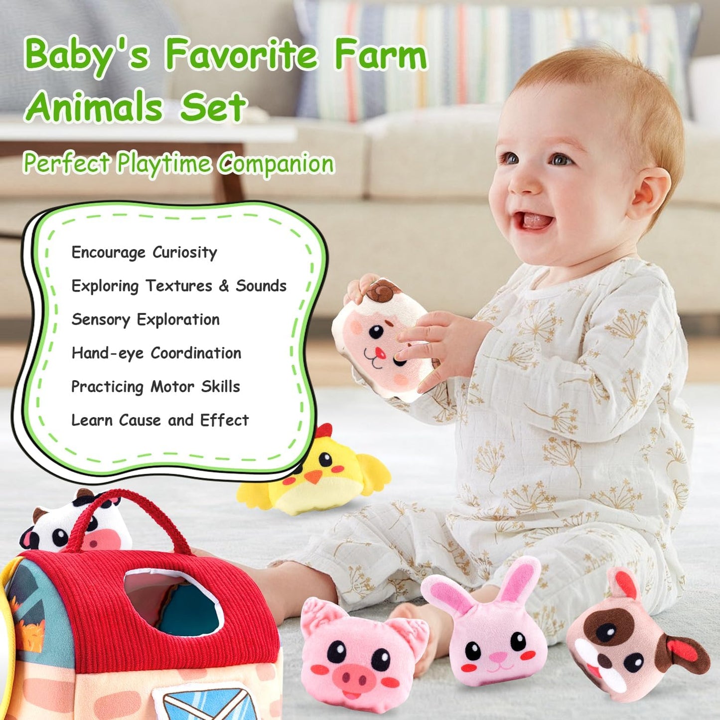 Baby Toys 6-12 Months, Soft Barn Toy with 6 Stuffed Farm Animals, Rattle, Crinkle, Mirror, Sensory Toys for Toddlers 1-3, 6 7 8 9 10 Month Old Baby Toys, Montessori Toys Gift for 1 Year Old Boy Girl