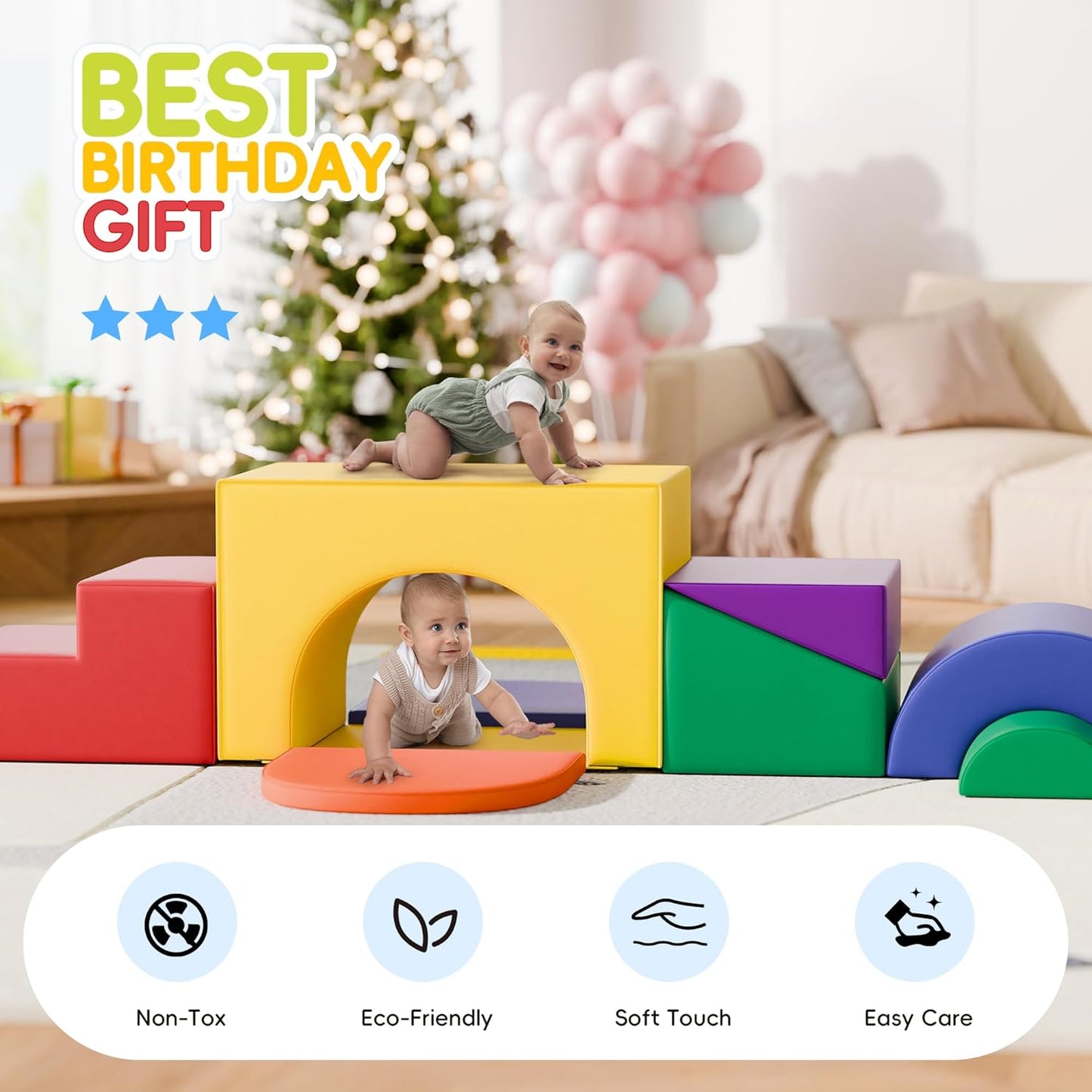 Soft Foam Climbing Blocks Set – Large 5-in-1 Soft Play Toys Crawling & Sliding Climbing Arch for Toddlers, Foam Playset for Nursery,Preschool (Classic American Color)