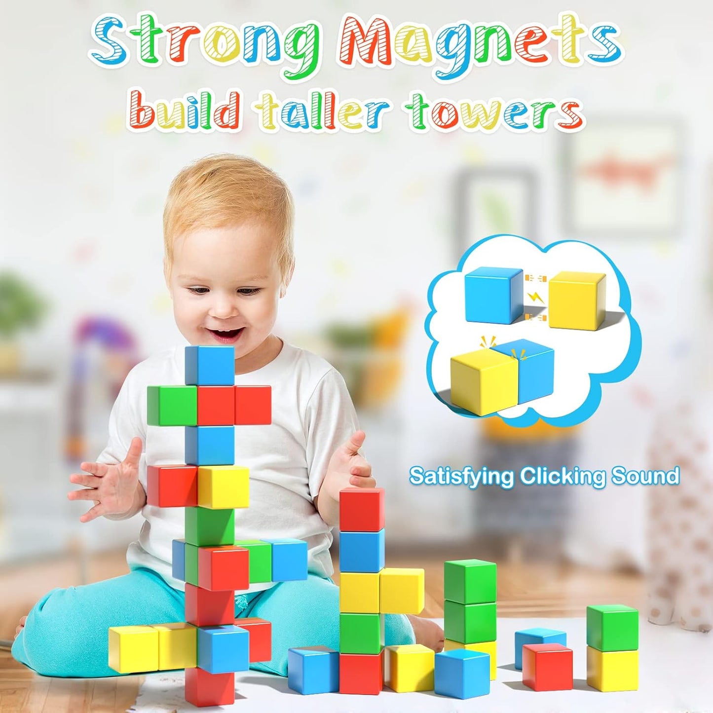 Magnetic Blocks, 1.34 inch Large Magnetic Building Blocks, 3D Magnetic Cubes for Toddlers, Preschool Educational Construction Kit, Sensory Montessori Toys Kids Blocks for Boys Girls Toddlers