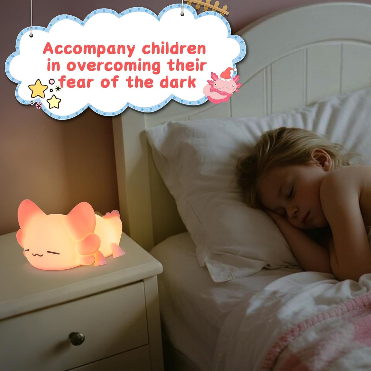 LOVERUIS Axolotl Kids Night Light Axolotls Gifts Night Lights for Kids Colorful Light with 1/3 Hours Timer Cute Nursery Night Lamp Girl Decoration Room