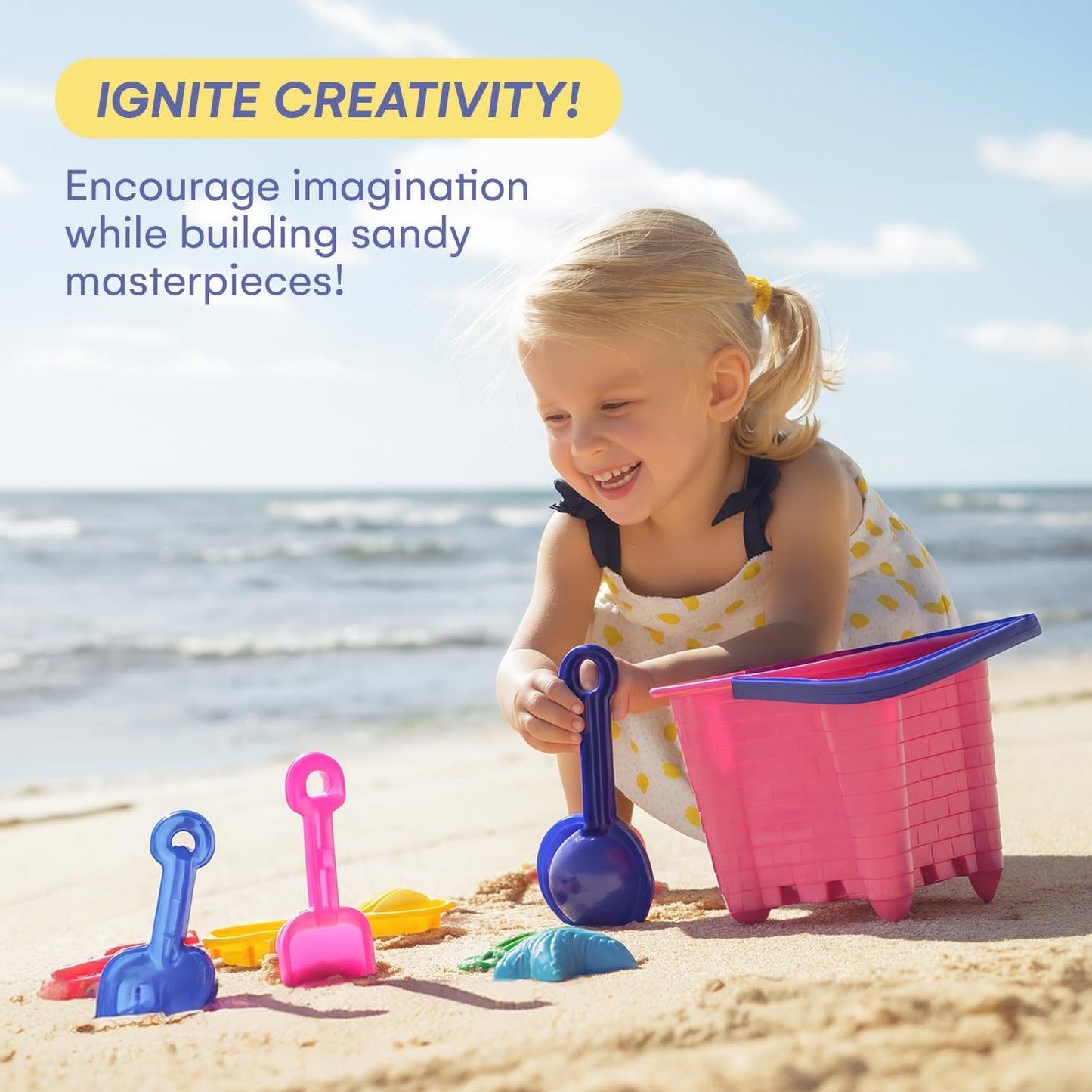 Sand Castle Building Kit, Beach Toys, Beach Bucket, Set of 4 Sand Castle Molds for Kids, Gift Toy for Ages 1 2 3 4 5 6 7 8 9, Older Kids and Toddlers, Sandcastle Building Kit Pail for Kids