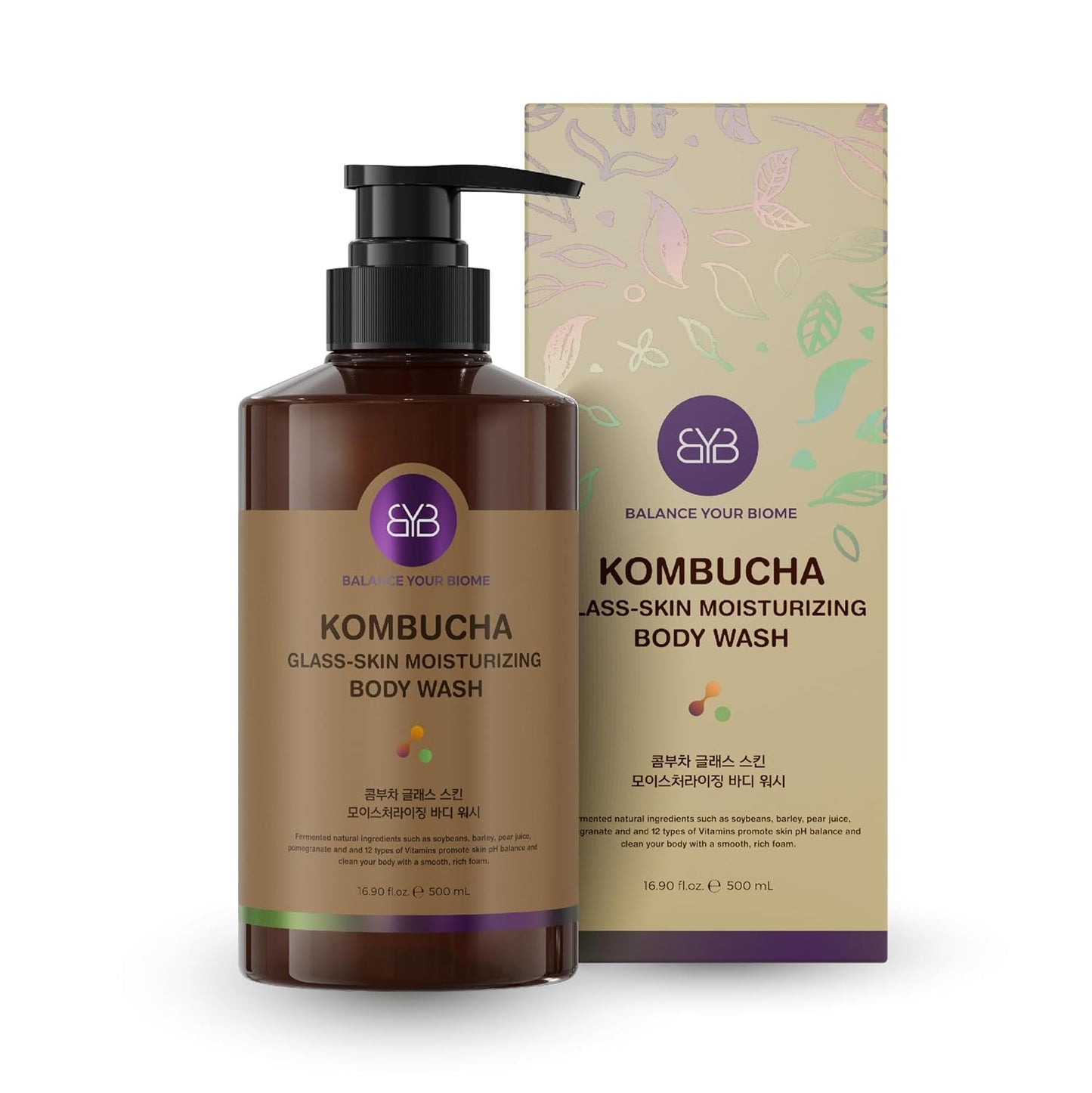 BALANCE YOUR BIOME Kombucha Glass-Skin Moisturizing Body Wash, K-Beauty,Fermented soybean, barley, Pear Juice, Pomegranates,12 Vitamins, Nurishing, Cleansing, 16.9 fl.oz.500ml, No Silicone