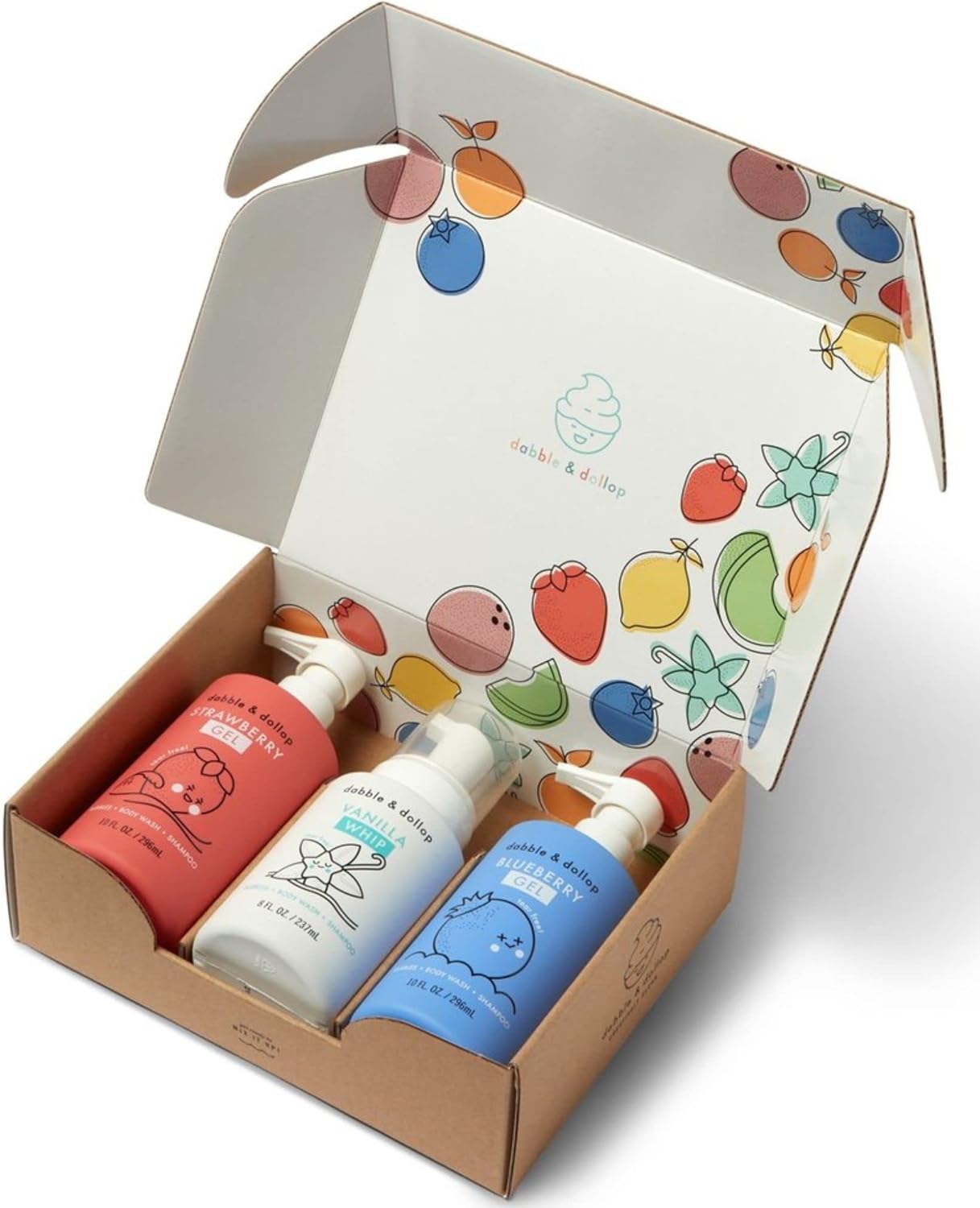 Dabble & Dollop USA Bundle, 3-in-1 Natural Bubble Bath, Body Wash & Shampoo for Kids, USA-Made, Paraben & Sulfate Free, Vegan, Tear-Free, Strawberry, Vanilla & Blueberry (Set of 3)