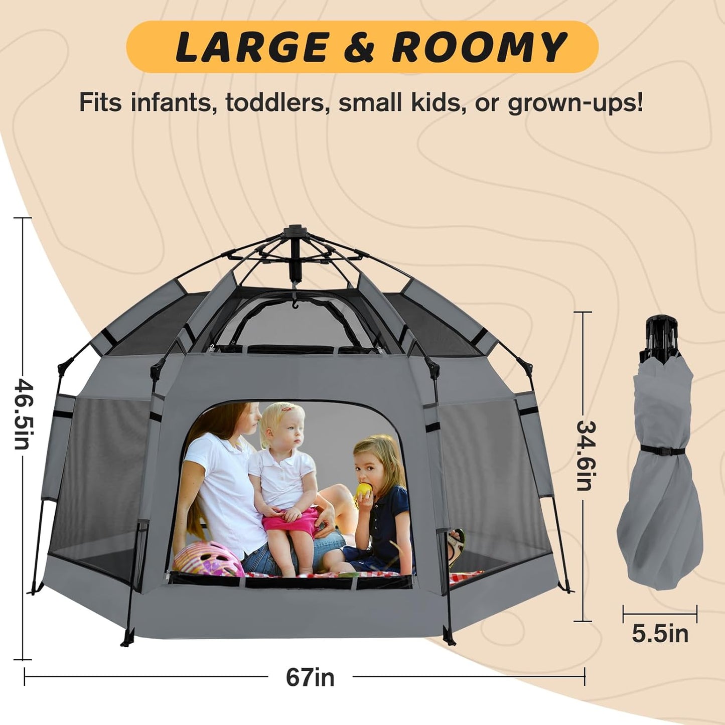 Pop Up Playpen for Babies with Canopy & Safety Lock - Outdoor Baby Playpen with 6 Ground Stakes & 6 Sand Stakes, UV Protection & Carry Bag, Instant Beach Tent for Indoor/Outdoor Use(Grey)