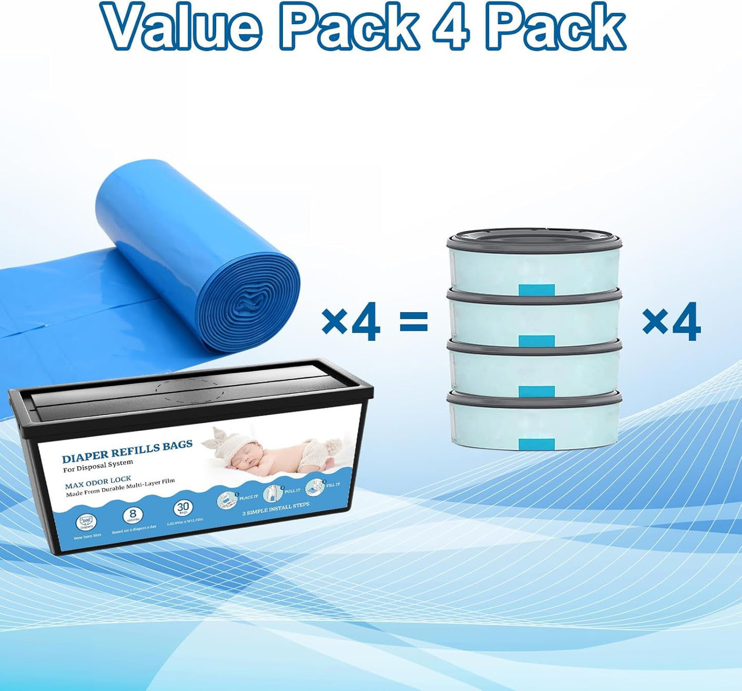 Diaper Refill Bags Compatible with Genie Easy Roll & Platinum Diaper Pails, 7-Layer Odor Control, Extra Thick, 4-pack (120 Bags), Holds up to 5600 Newborn Diapers